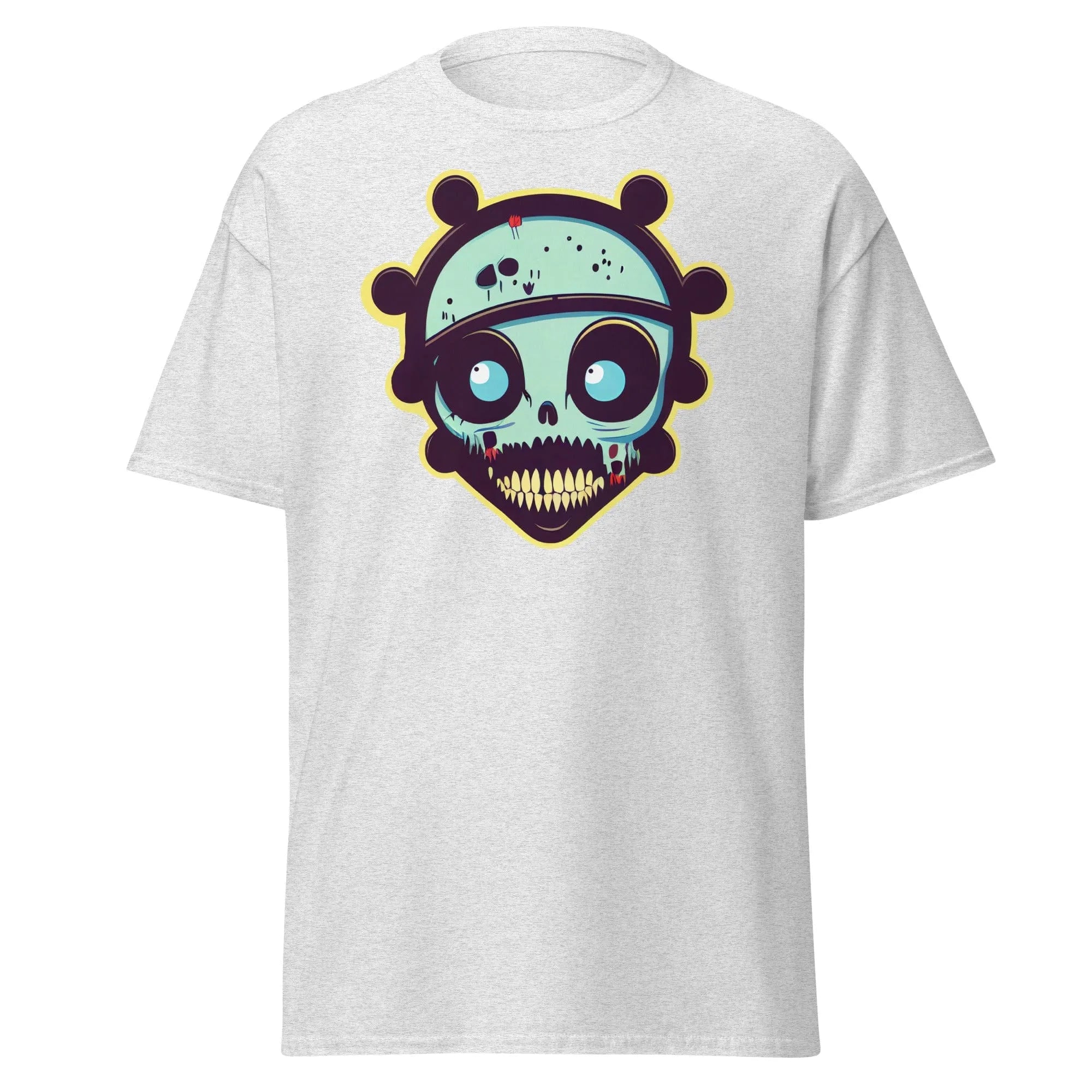 Voodoo Skull ash Halloween T-shirt featuring a vibrant cartoon skull with big eyes and big teeth.