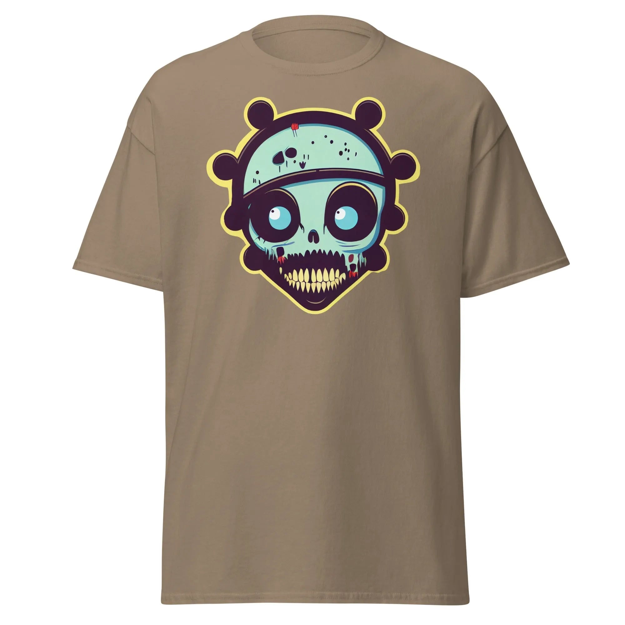 Voodoo Skull brown Halloween T-shirt featuring a vibrant cartoon skull with big eyes and big teeth.