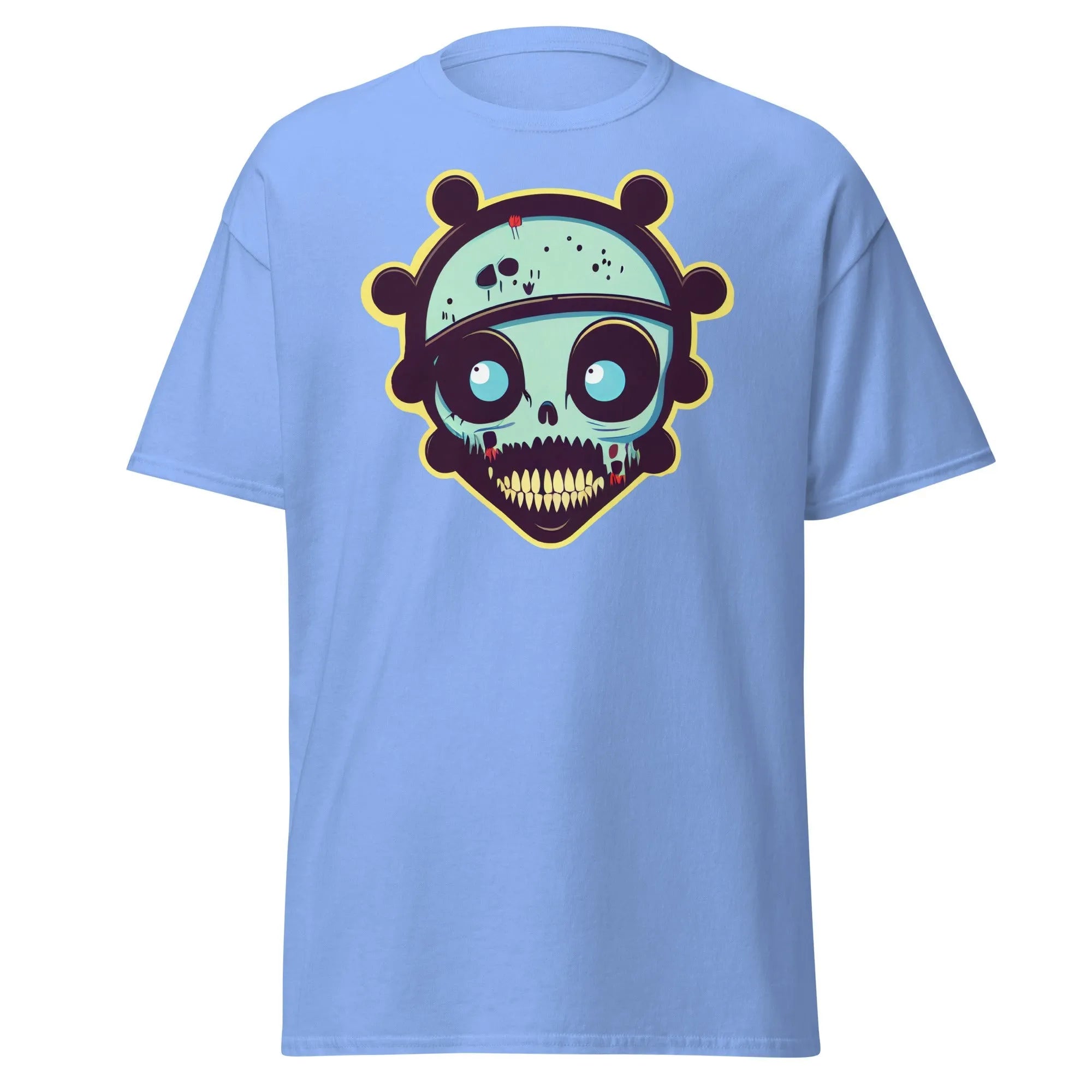 Voodoo Skull carolina blue Halloween T-shirt featuring a vibrant cartoon skull with big eyes and big teeth.