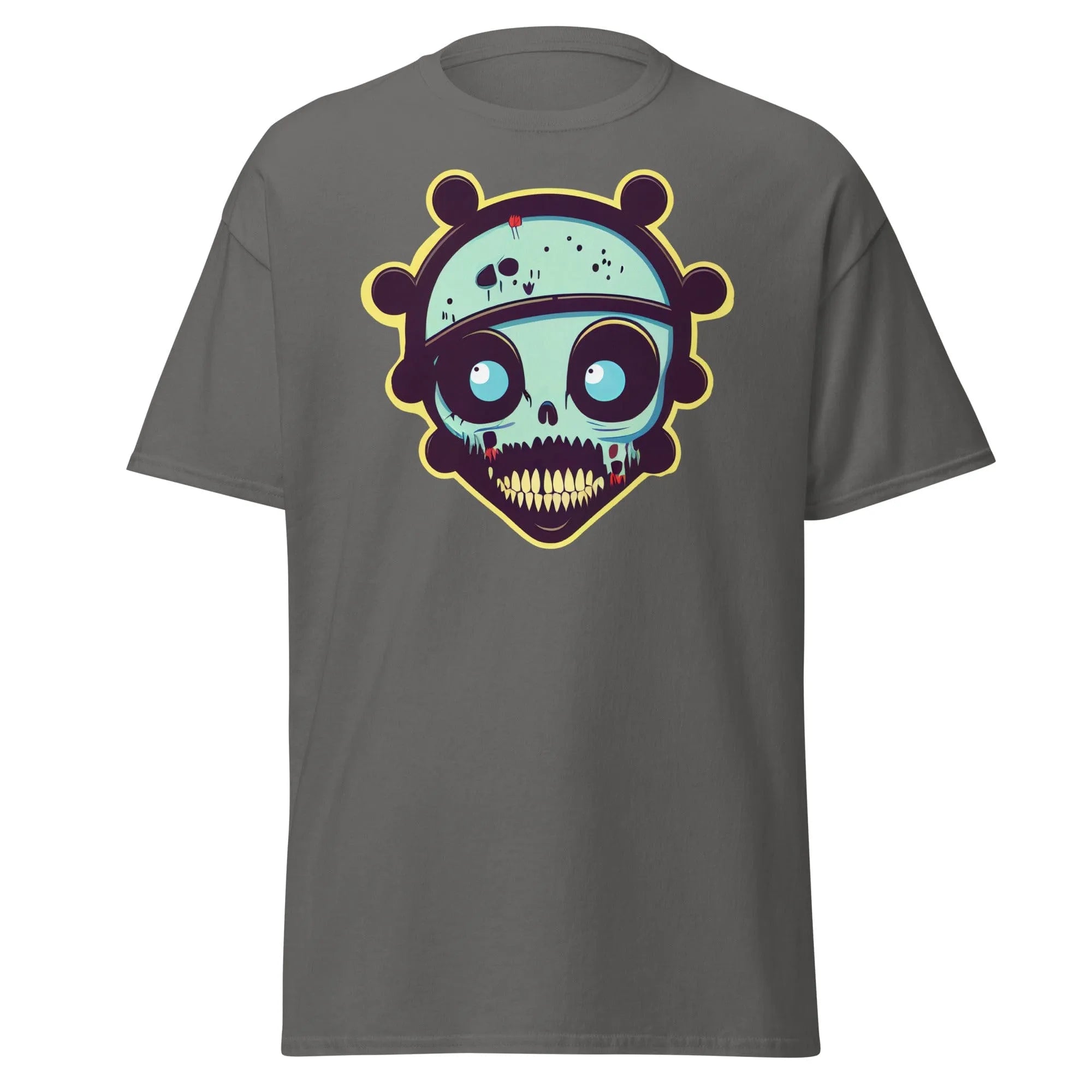 Voodoo Skull charcoal Halloween T-shirt featuring a vibrant cartoon skull with big eyes and big teeth.