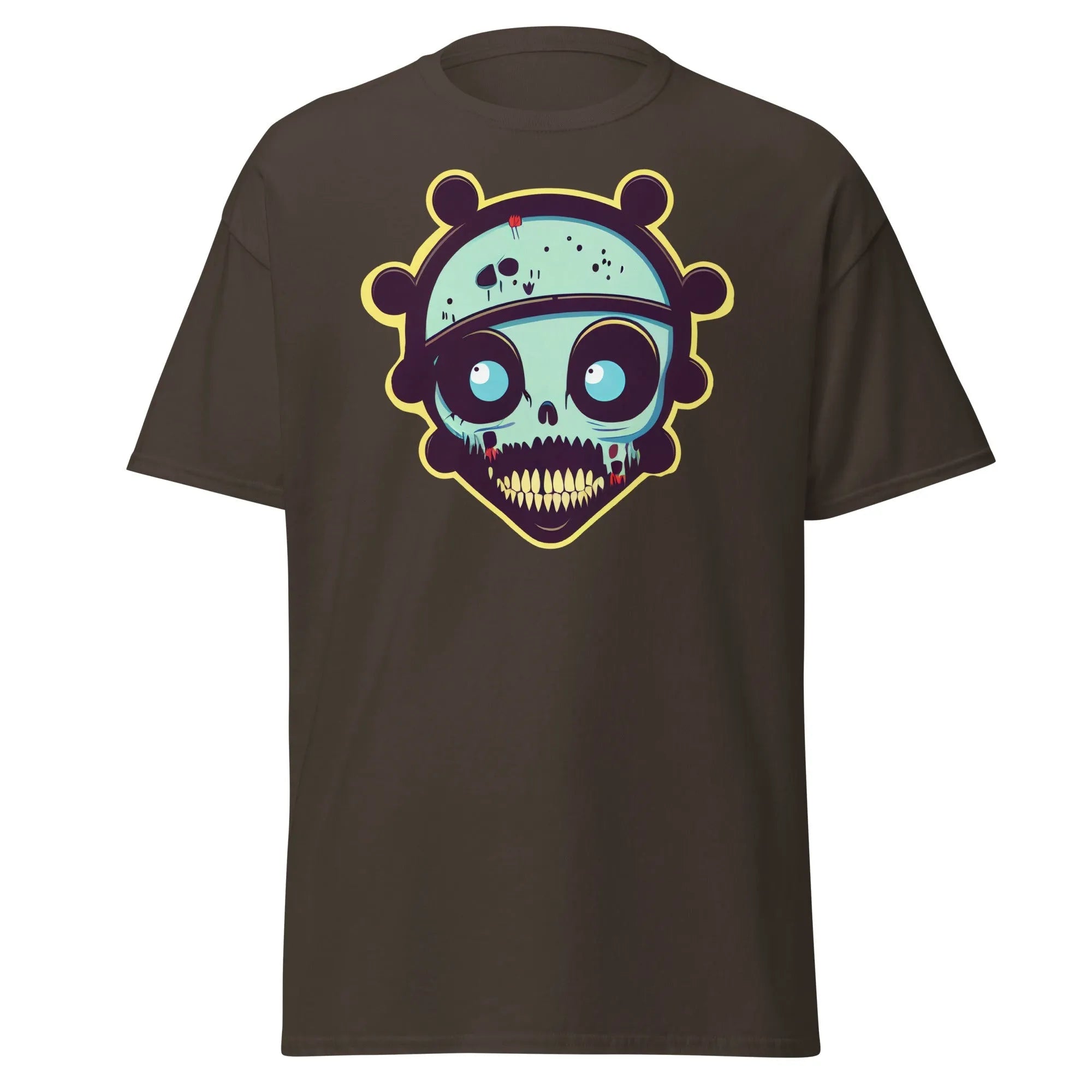 Voodoo Skull chocolate Halloween T-shirt featuring a vibrant cartoon skull with big eyes and big teeth.