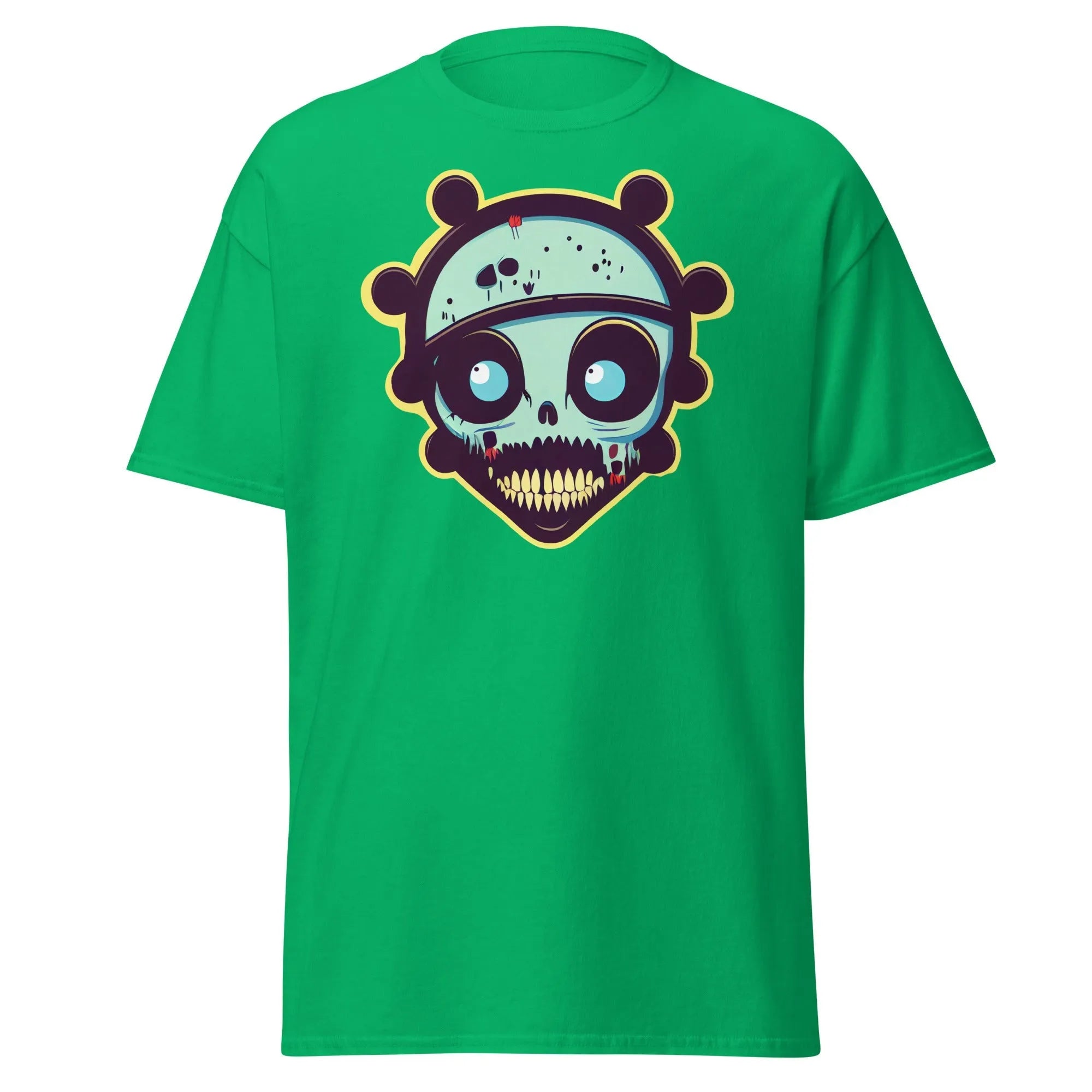 Voodoo Skull green Halloween T-shirt featuring a vibrant cartoon skull with big eyes and big teeth.