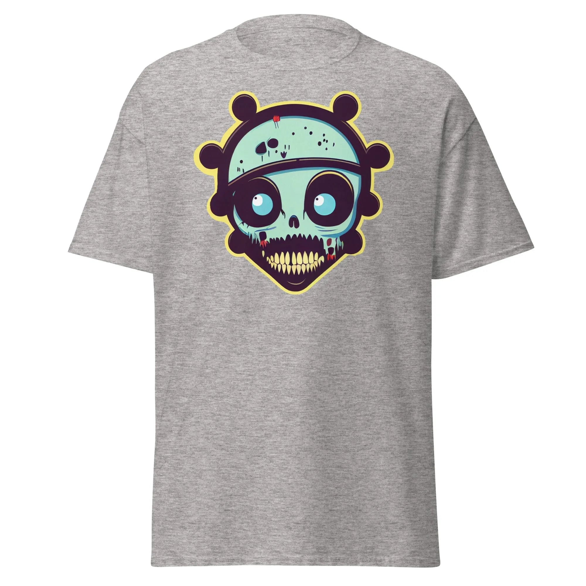Voodoo Skull grey Halloween T-shirt featuring a vibrant cartoon skull with big eyes and big teeth.