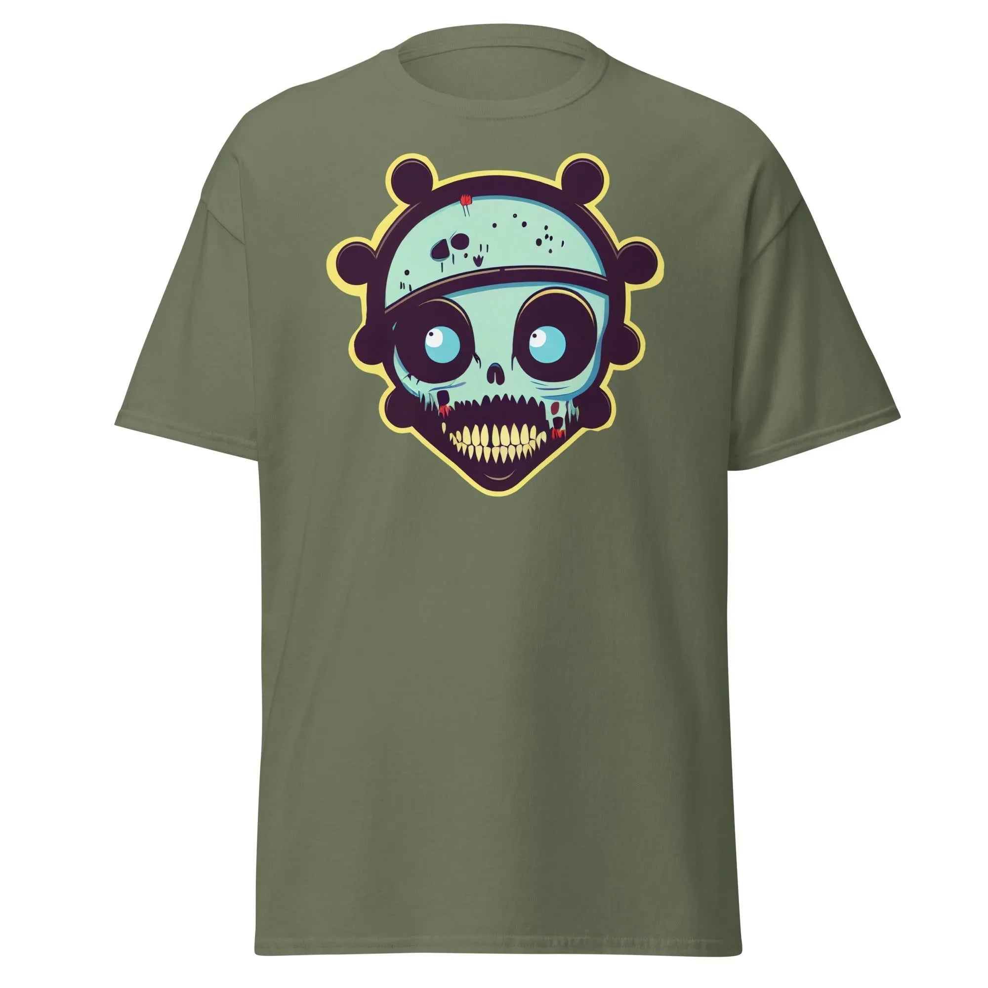 Voodoo Skull military green Halloween T-shirt featuring a vibrant cartoon skull with big eyes and big teeth.