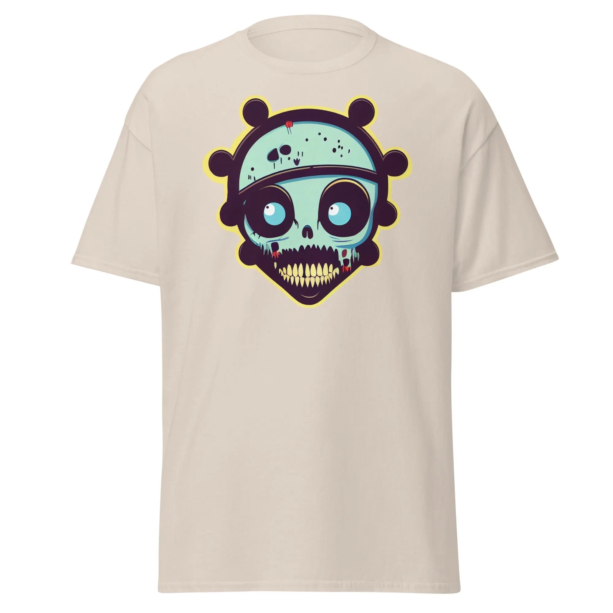 Voodoo Skull natural Halloween T-shirt featuring a vibrant cartoon skull with big eyes and big teeth.