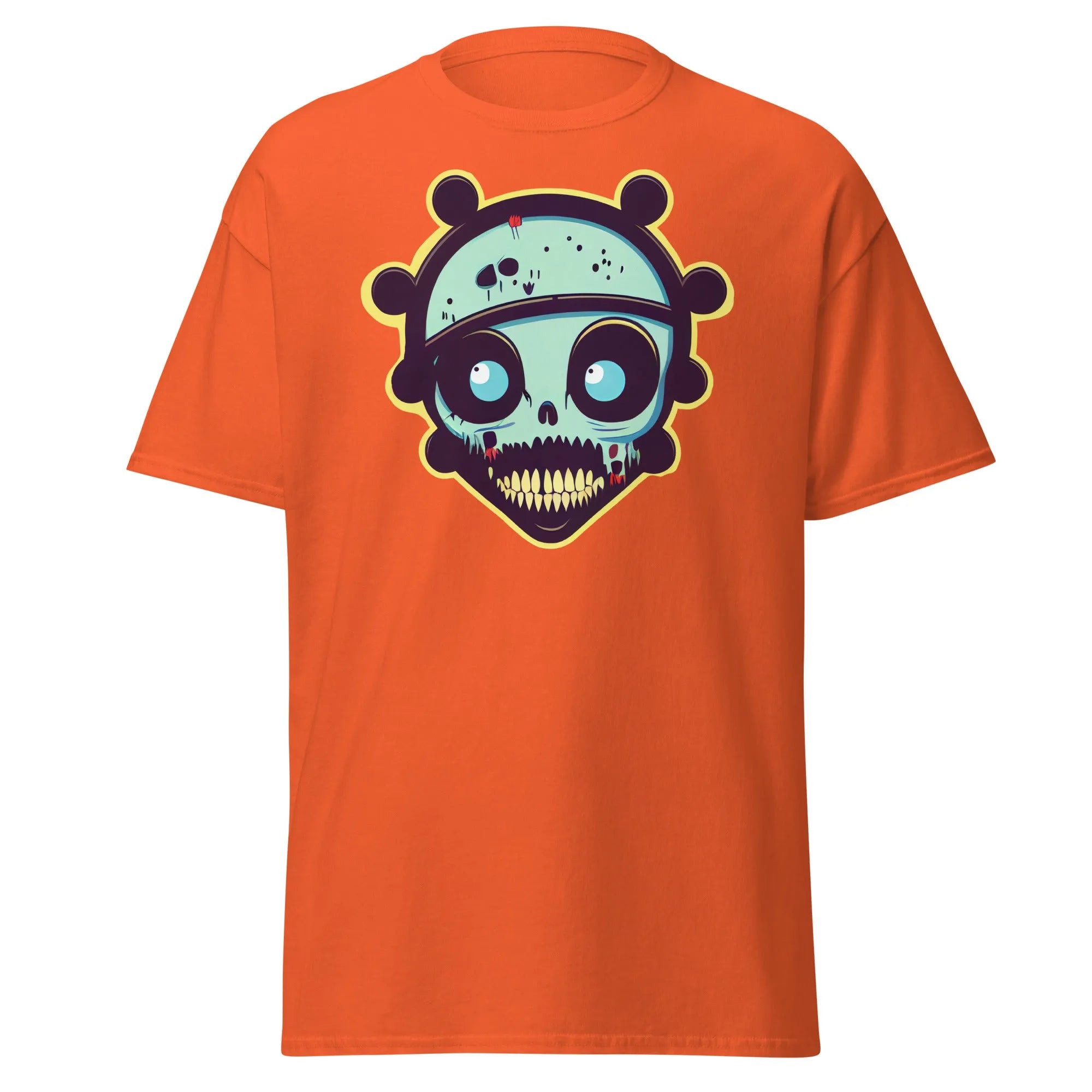 Voodoo Skull orange Halloween T-shirt featuring a vibrant cartoon skull with big eyes and big teeth.