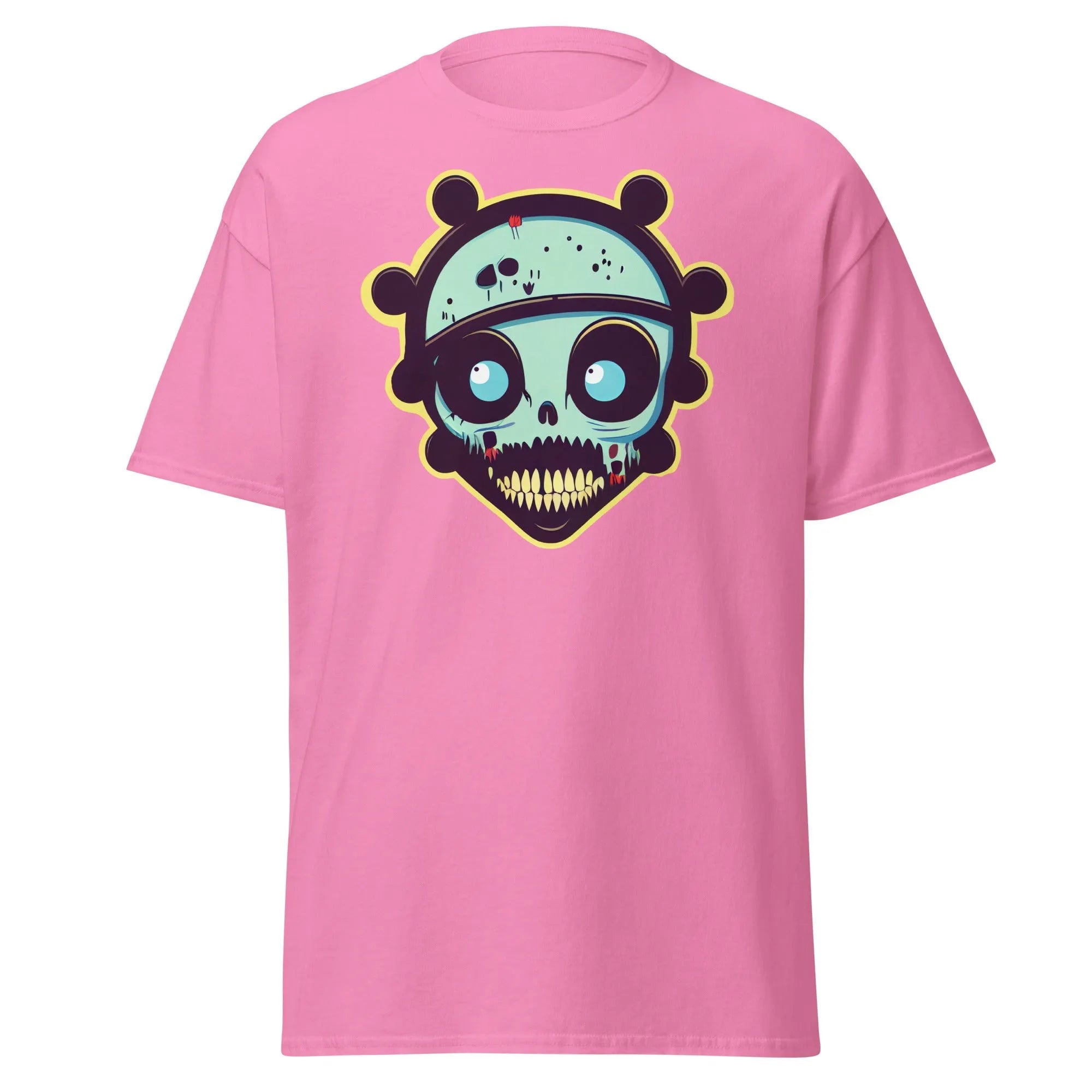 Voodoo Skull pink Halloween T-shirt featuring a vibrant cartoon skull with big eyes and big teeth.