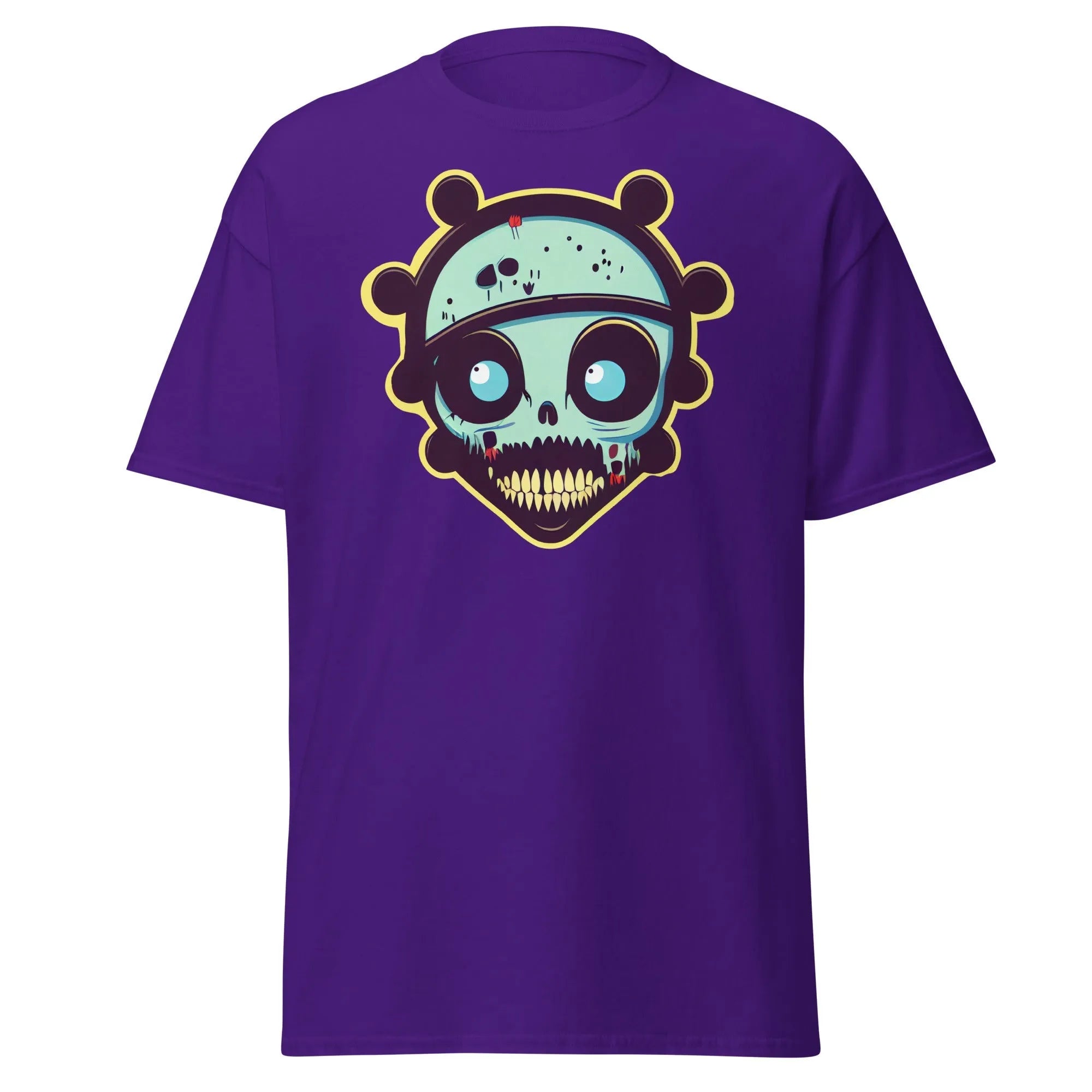 Voodoo Skull purple Halloween T-shirt featuring a vibrant cartoon skull with big eyes and big teeth.