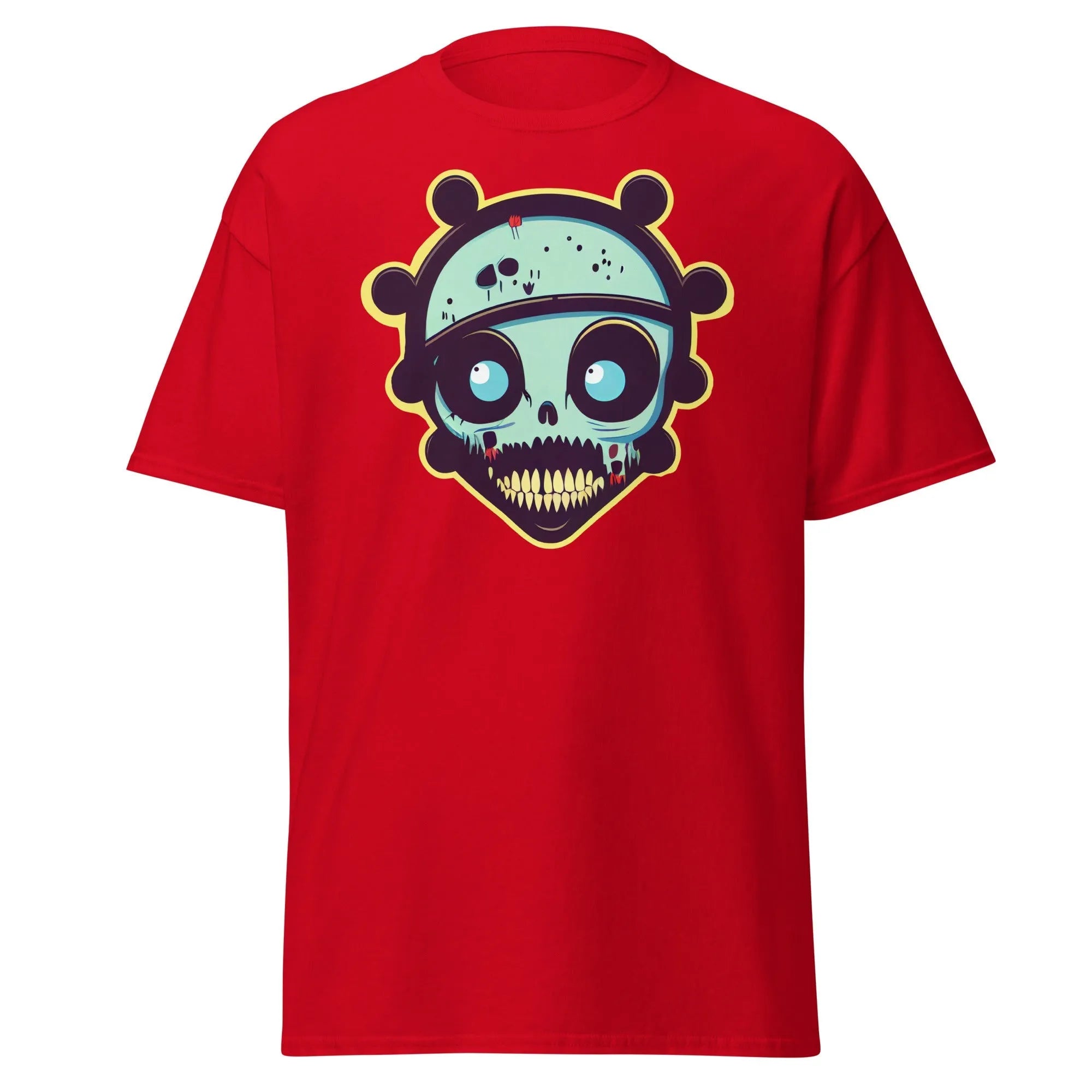 Voodoo Skull red Halloween T-shirt featuring a vibrant cartoon skull with big eyes and big teeth.