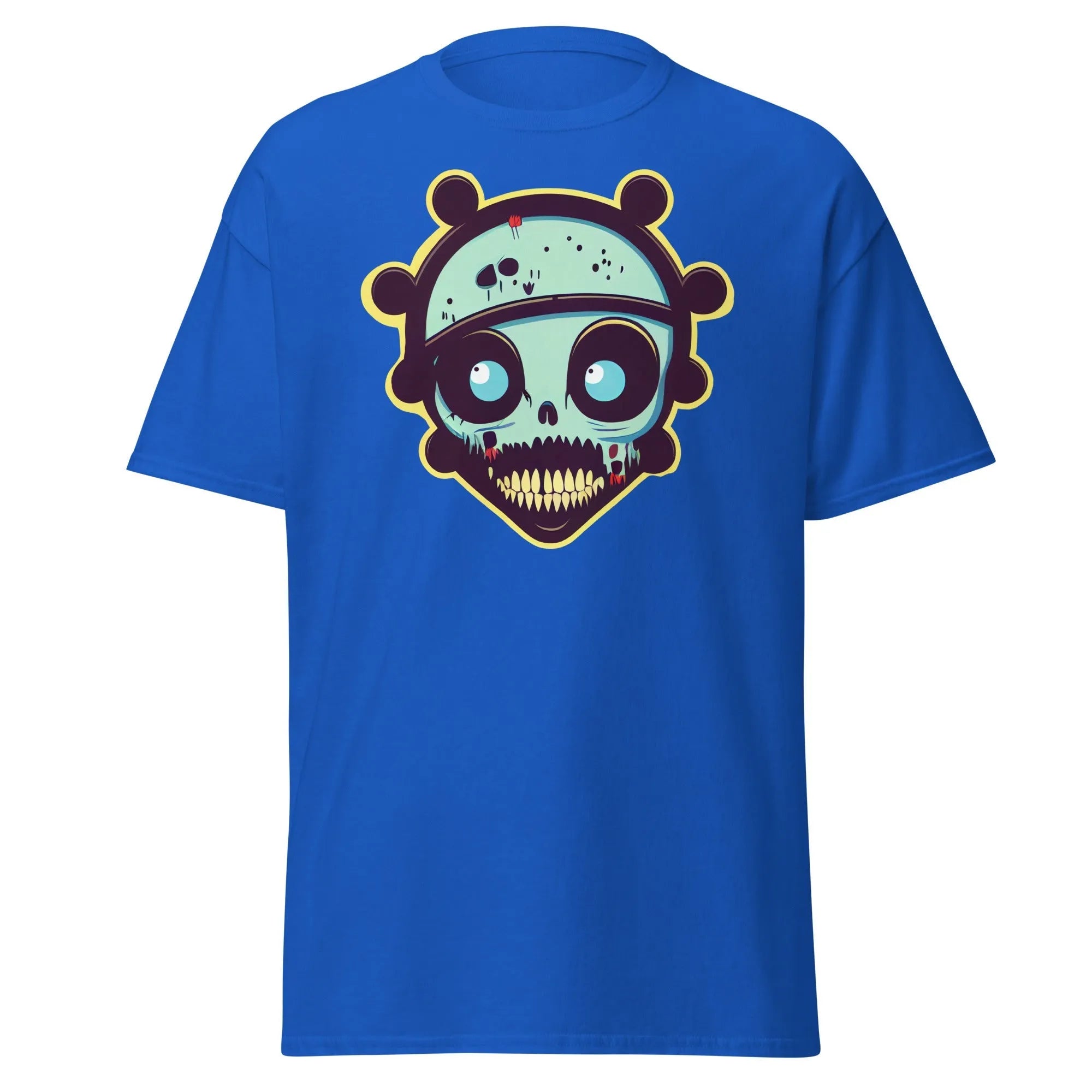 Voodoo Skull royal blue Halloween T-shirt featuring a vibrant cartoon skull with big eyes and big teeth.