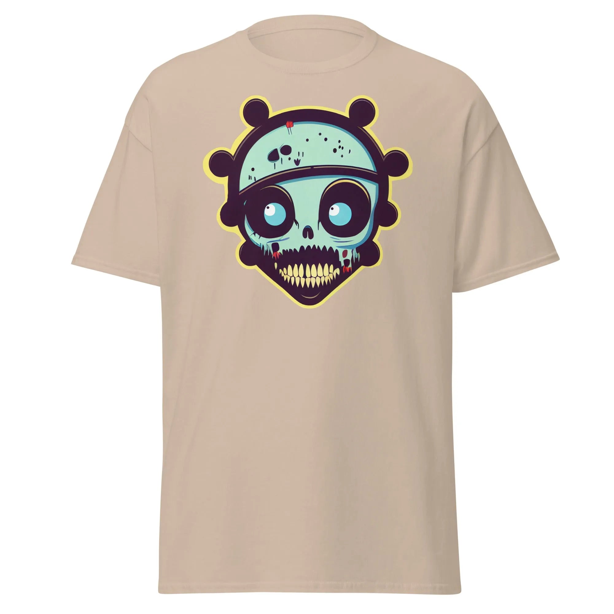 Voodoo Skull sand Halloween T-shirt featuring a vibrant cartoon skull with big eyes and big teeth.