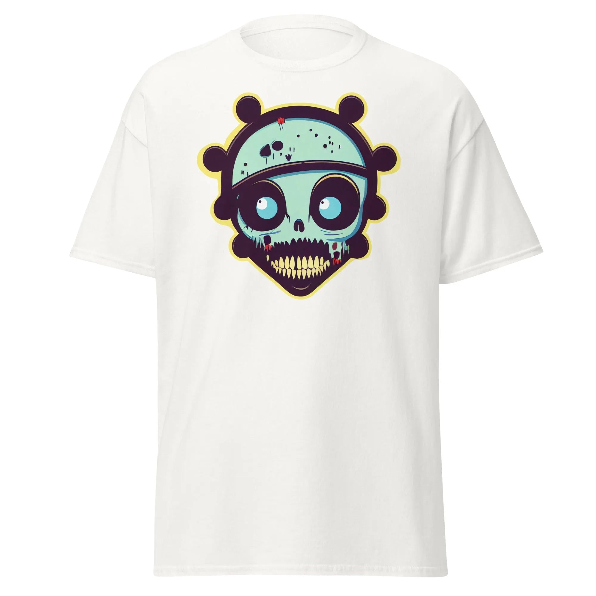 Voodoo Skull white Halloween T-shirt featuring a vibrant cartoon skull with big eyes and big teeth.