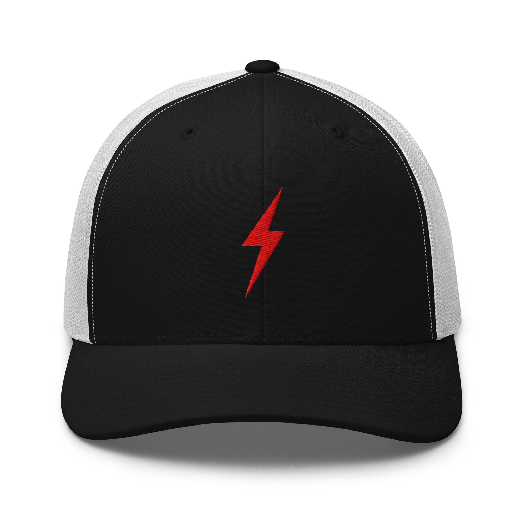 White and black trucker hat with an embroidered red lightning bolt design on the front panel