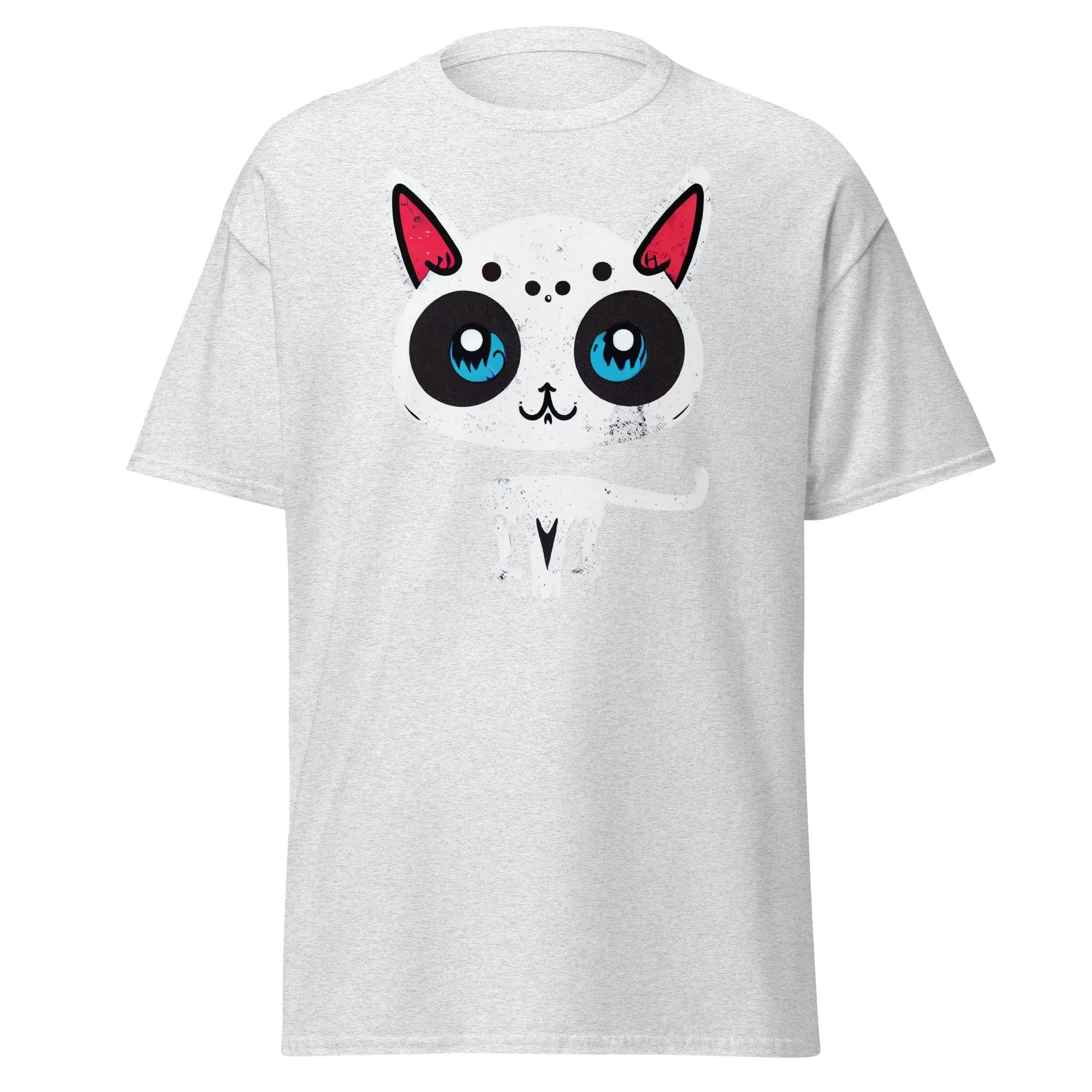 White Cat ash Halloween T-shirt featuring a cartoon cat with blue eyes, pink ears, and black spots.