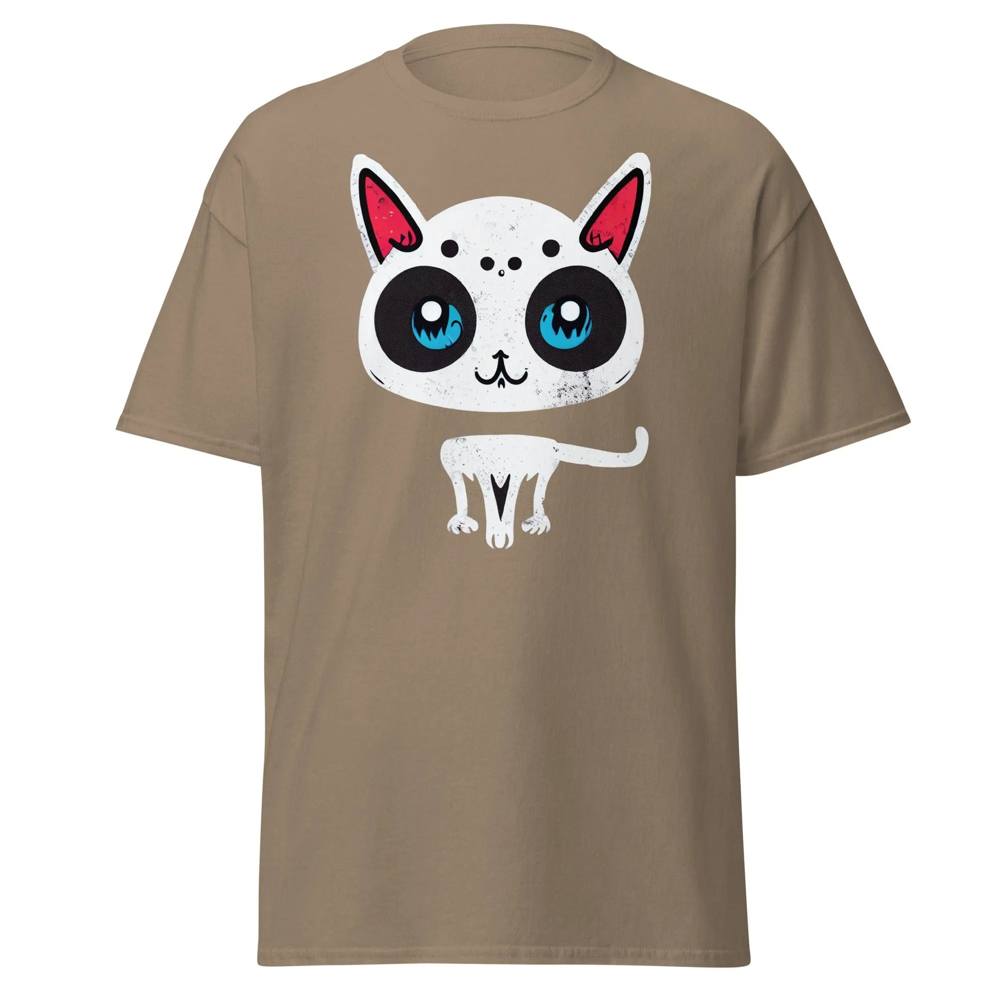 White Cat brown Halloween T-shirt featuring a cartoon cat with blue eyes, pink ears, and black spots.