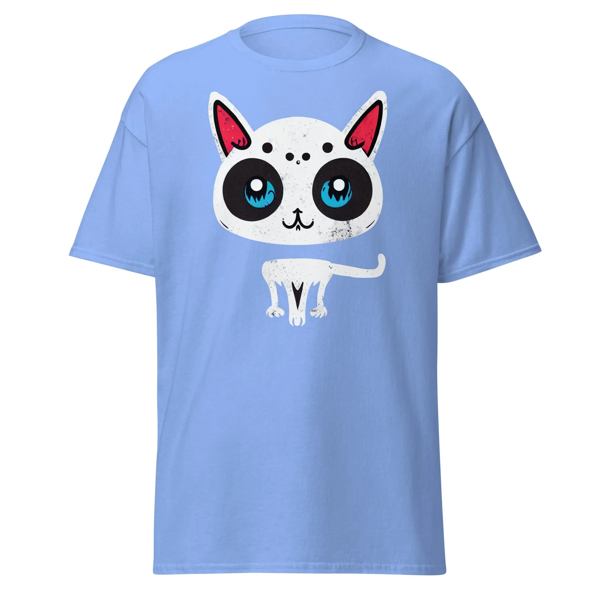 White Cat carolina blue Halloween T-shirt featuring a cartoon cat with blue eyes, pink ears, and black spots.
