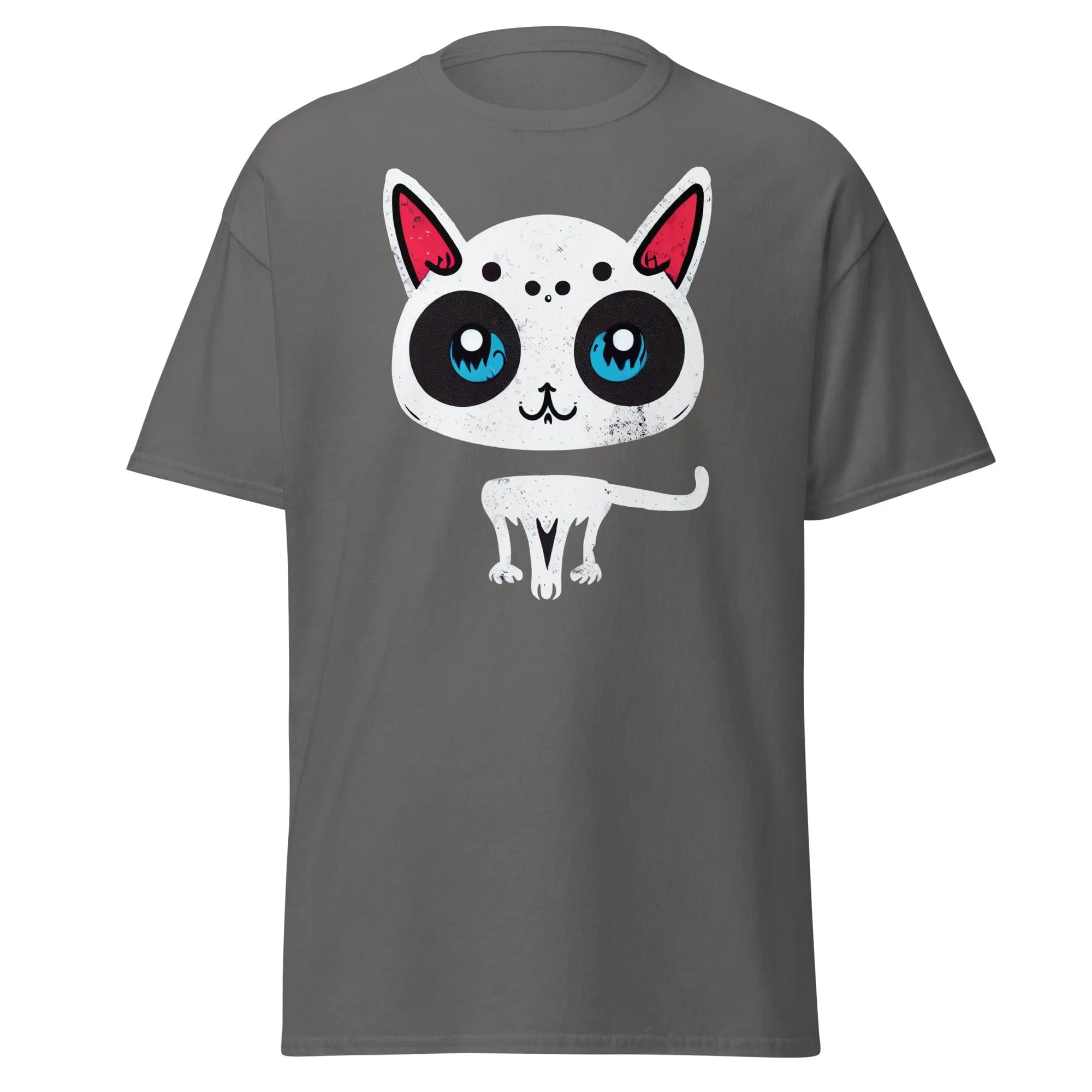 White Cat charcoal Halloween T-shirt featuring a cartoon cat with blue eyes, pink ears, and black spots.