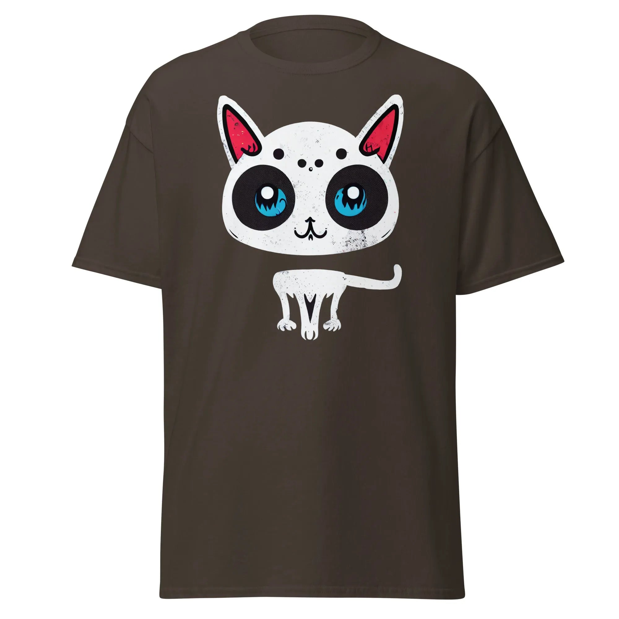 White Cat chocolate Halloween T-shirt featuring a cartoon cat with blue eyes, pink ears, and black spots.