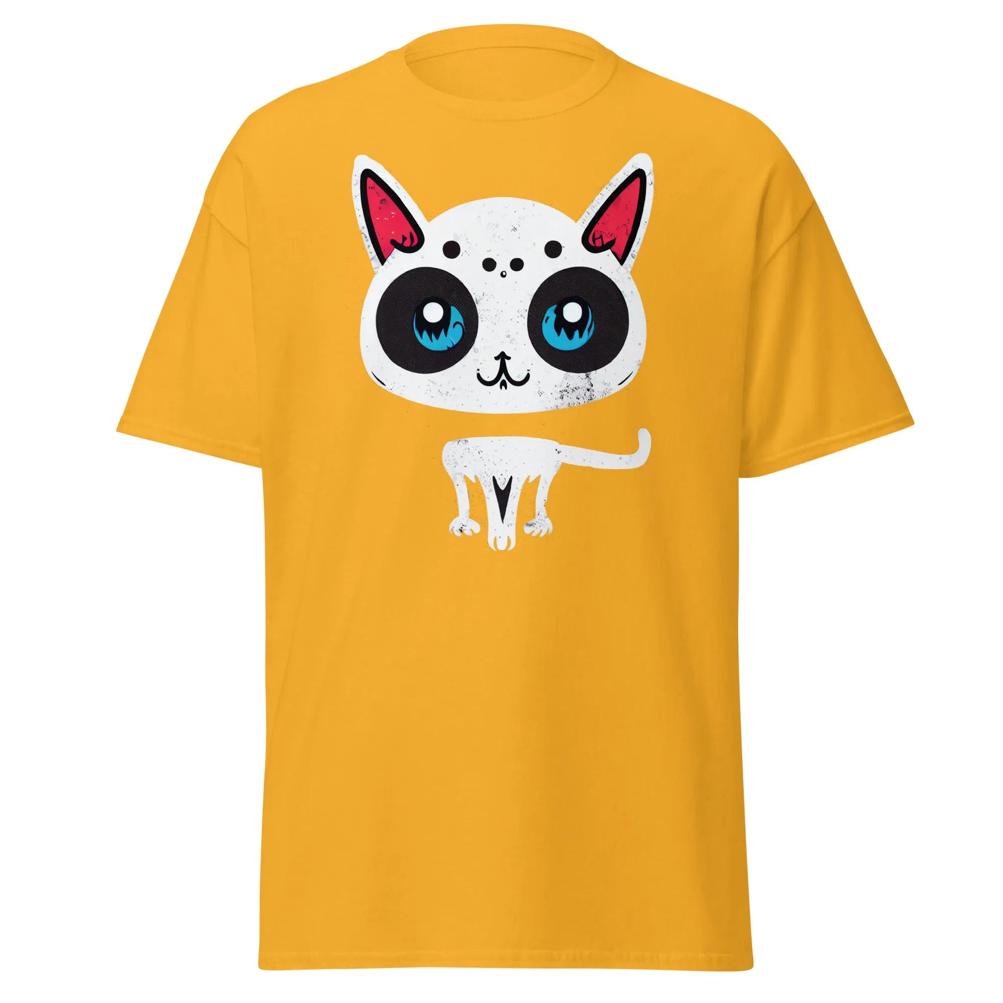 White Cat gold Halloween T-shirt featuring a cartoon cat with blue eyes, pink ears, and black spots.