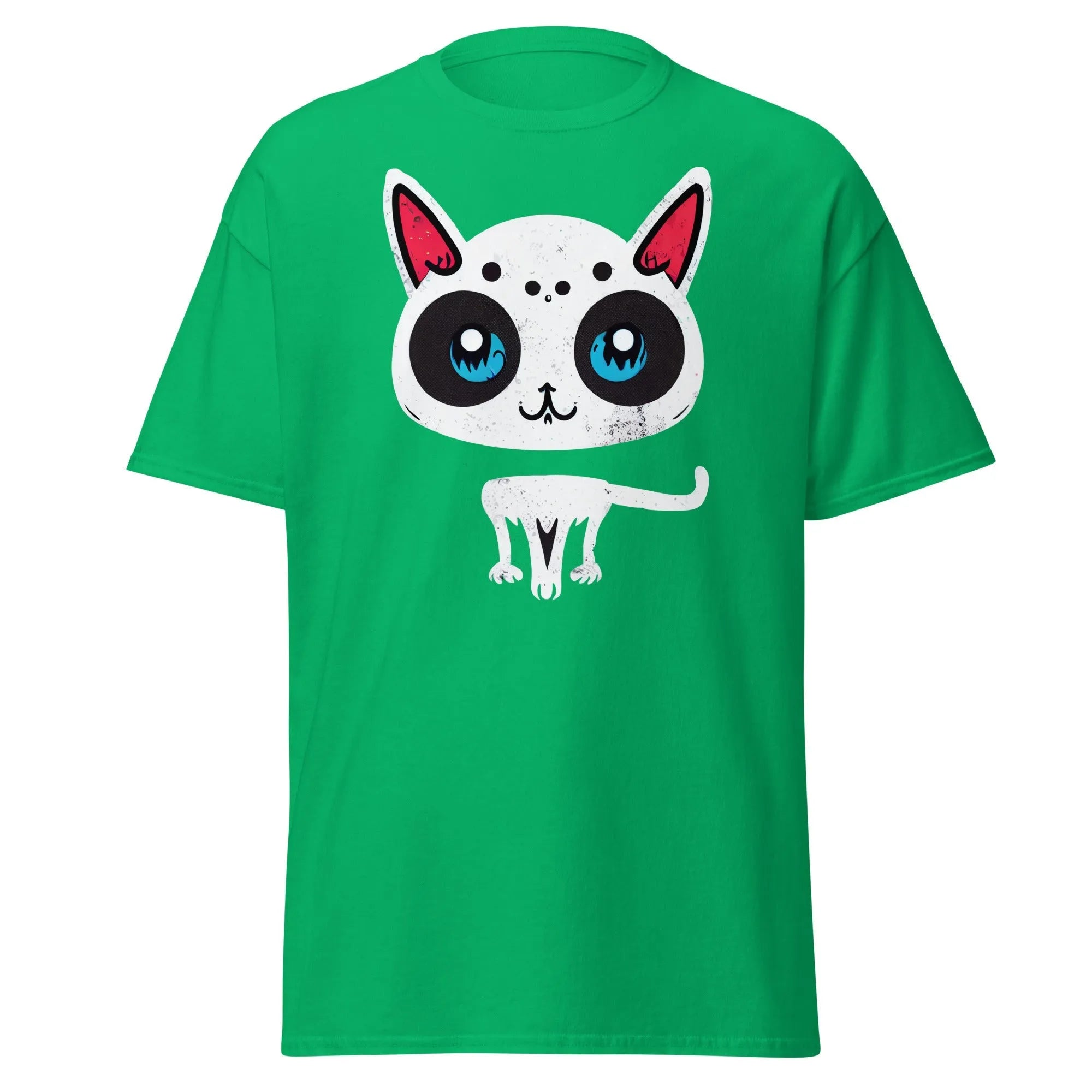 White Cat green Halloween T-shirt featuring a cartoon cat with blue eyes, pink ears, and black spots.