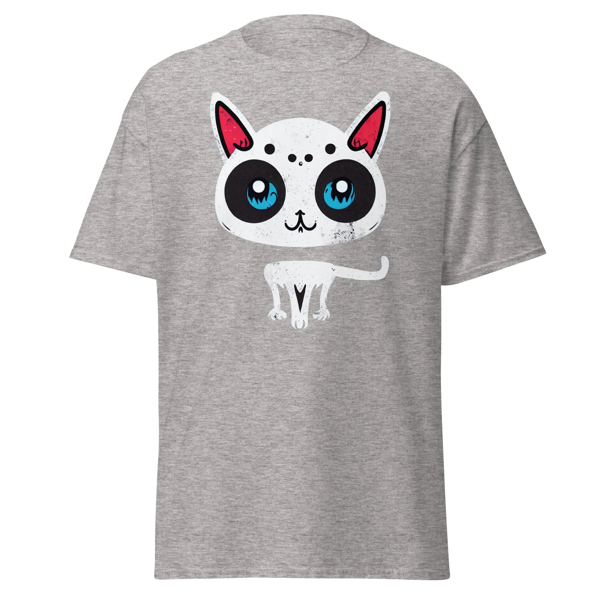 White Cat grey Halloween T-shirt featuring a cartoon cat with blue eyes, pink ears, and black spots.