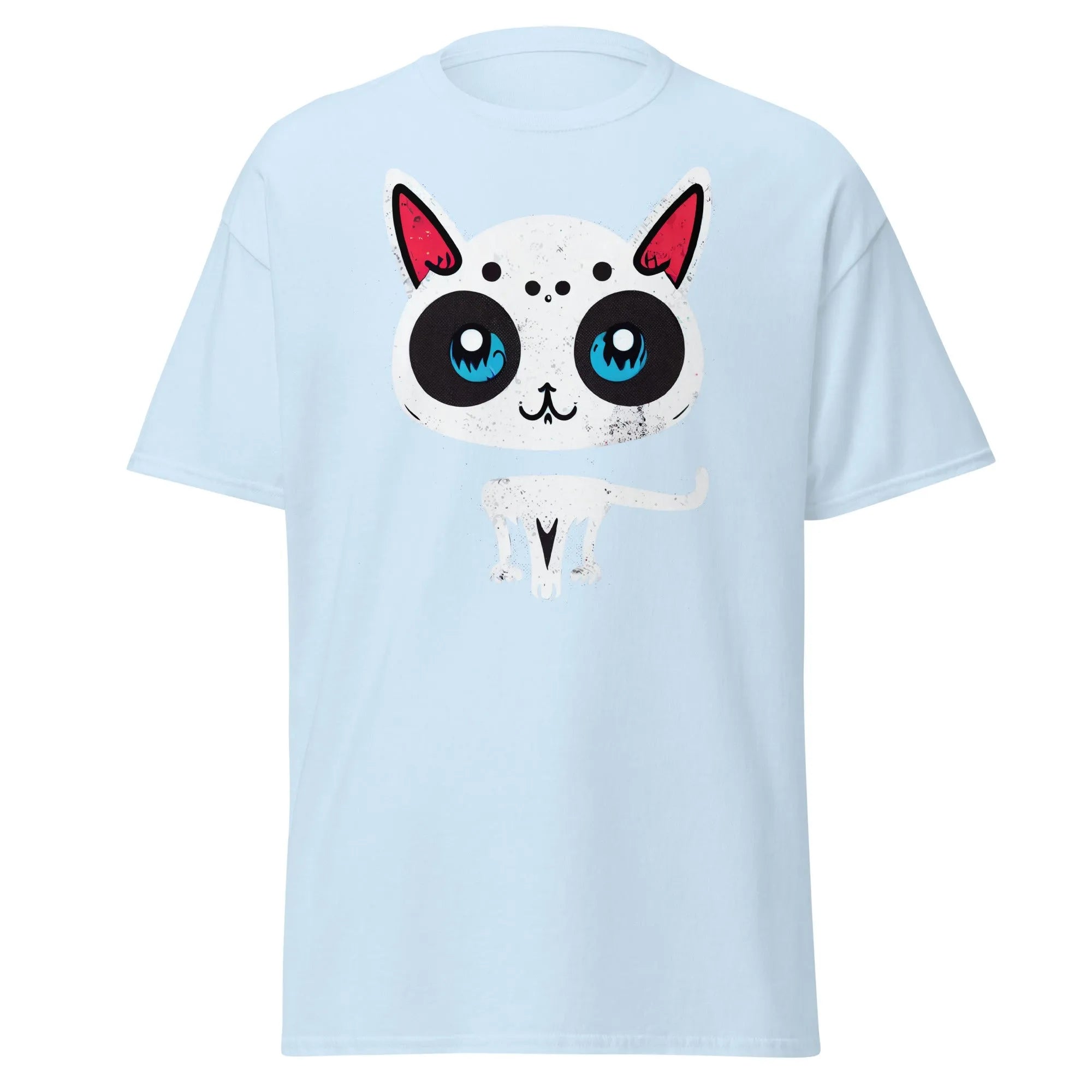 White Cat light blue Halloween T-shirt featuring a cartoon cat with blue eyes, pink ears, and black spots.