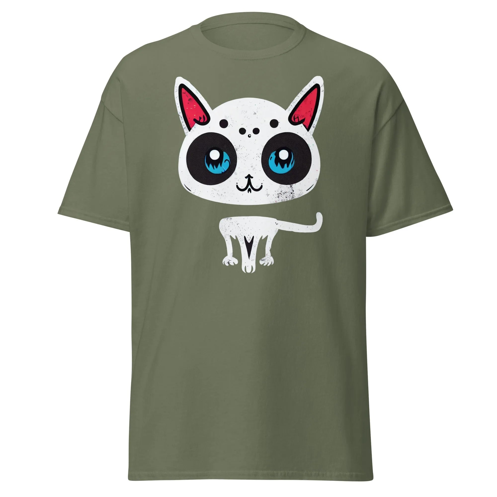 White Cat military green Halloween T-shirt featuring a cartoon cat with blue eyes, pink ears, and black spots.