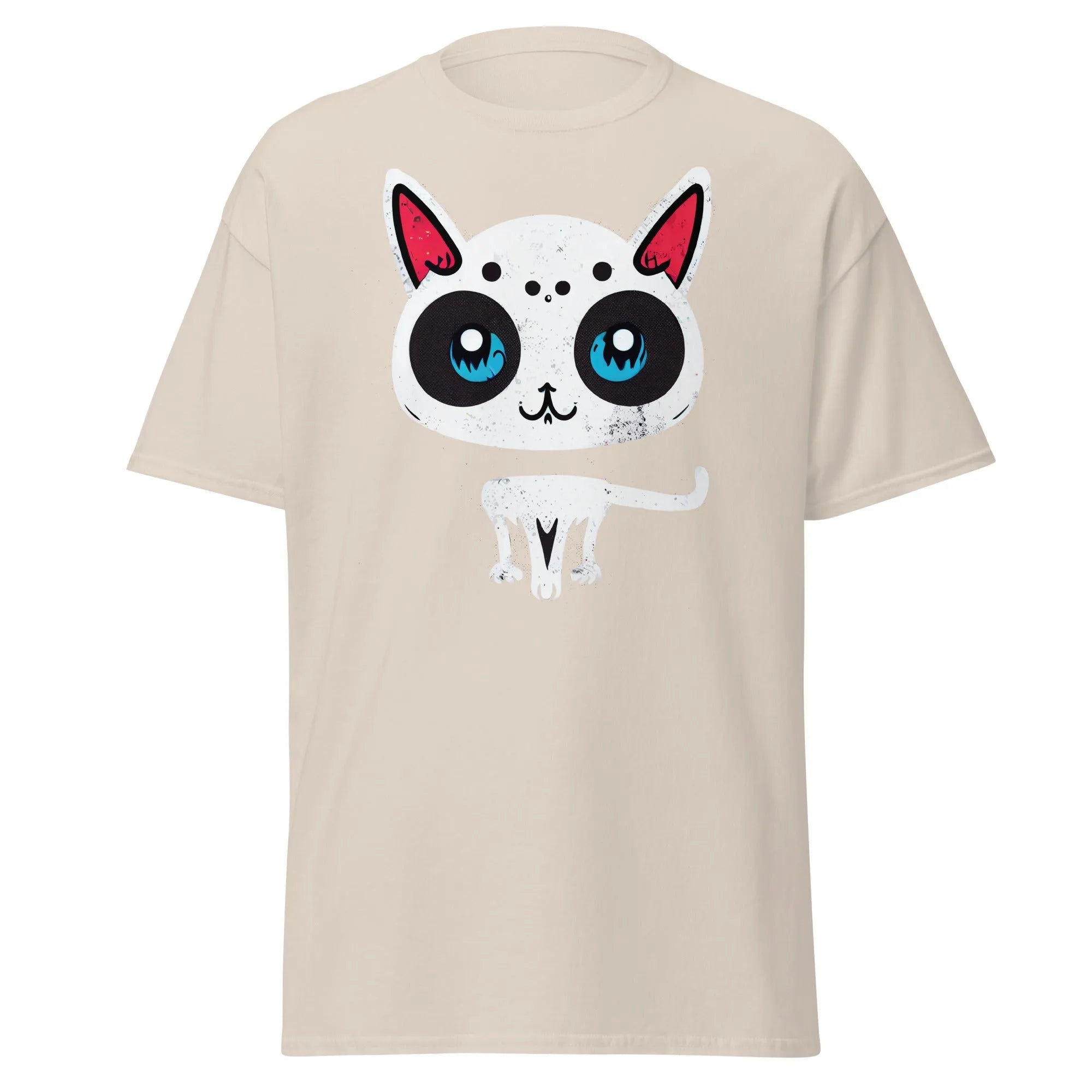 White Cat natural Halloween T-shirt featuring a cartoon cat with blue eyes, pink ears, and black spots.
