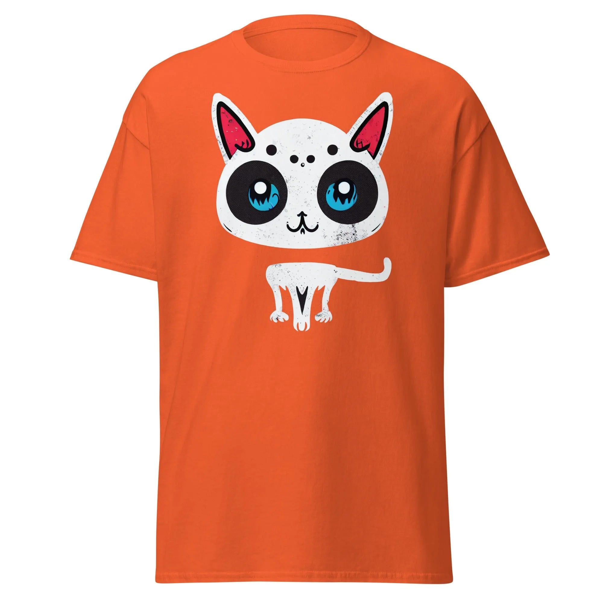 White Cat orange Halloween T-shirt featuring a cartoon cat with blue eyes, pink ears, and black spots.