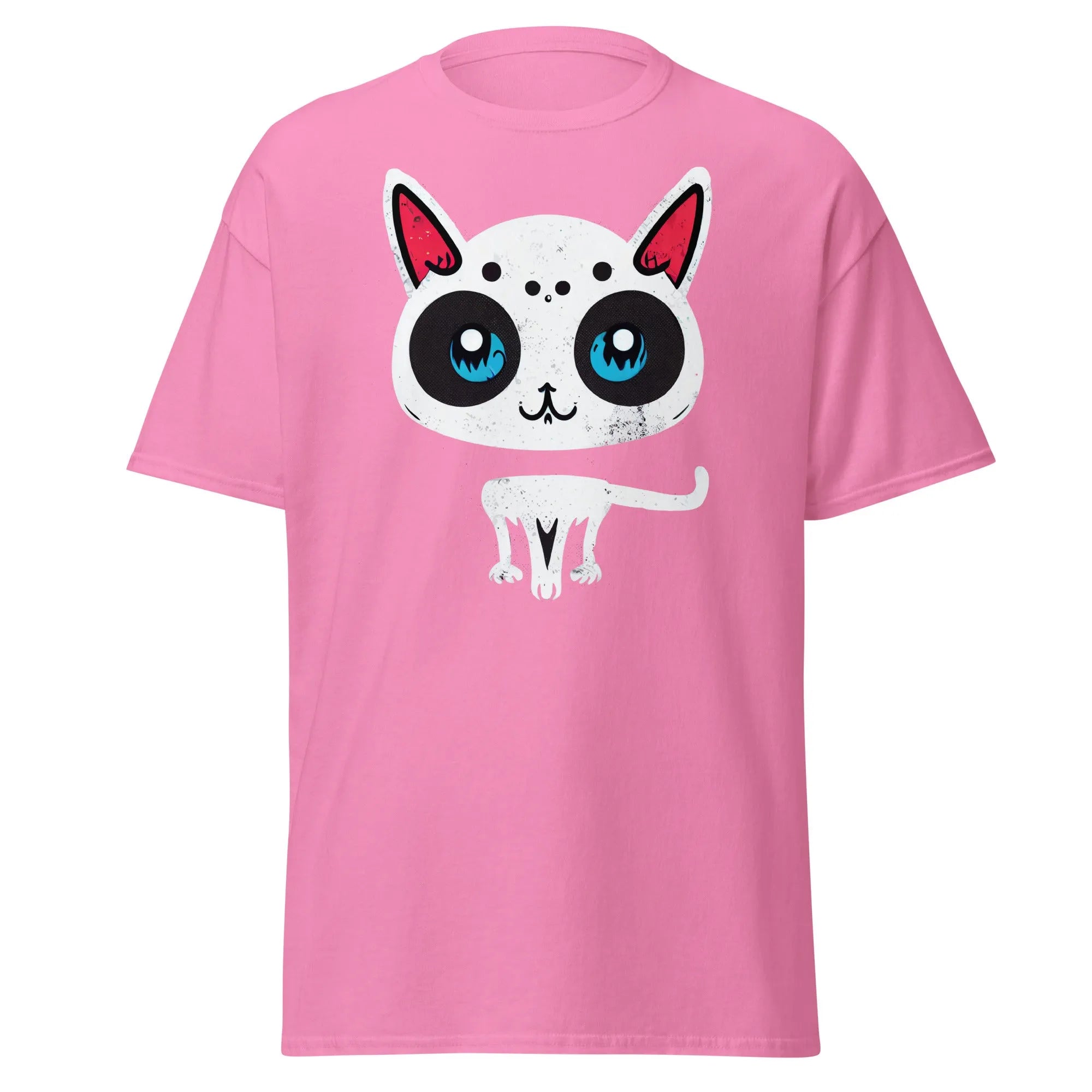 White Cat pink Halloween T-shirt featuring a cartoon cat with blue eyes, pink ears, and black spots.