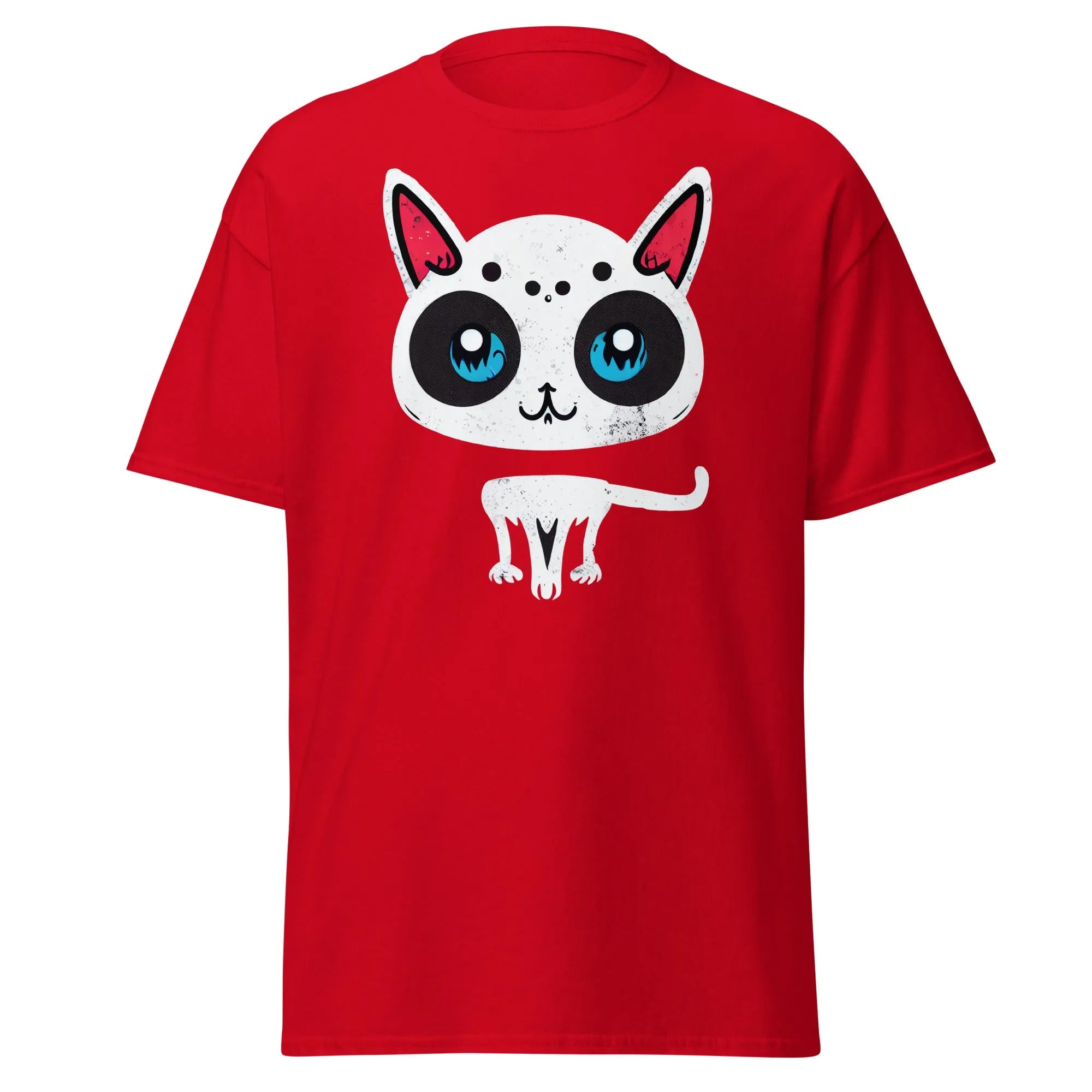White Cat red Halloween T-shirt featuring a cartoon cat with blue eyes, pink ears, and black spots.