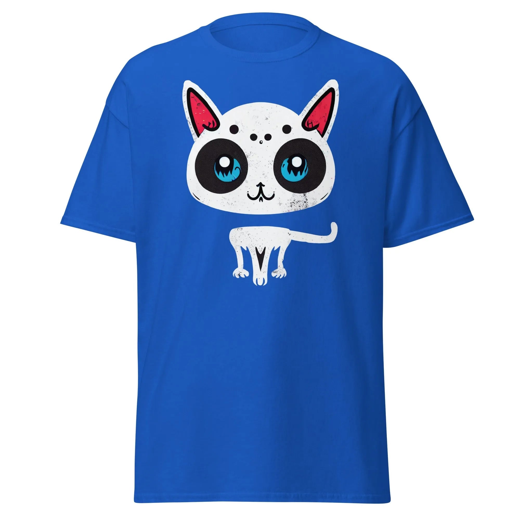 White Cat royal blue Halloween T-shirt featuring a cartoon cat with blue eyes, pink ears, and black spots.
