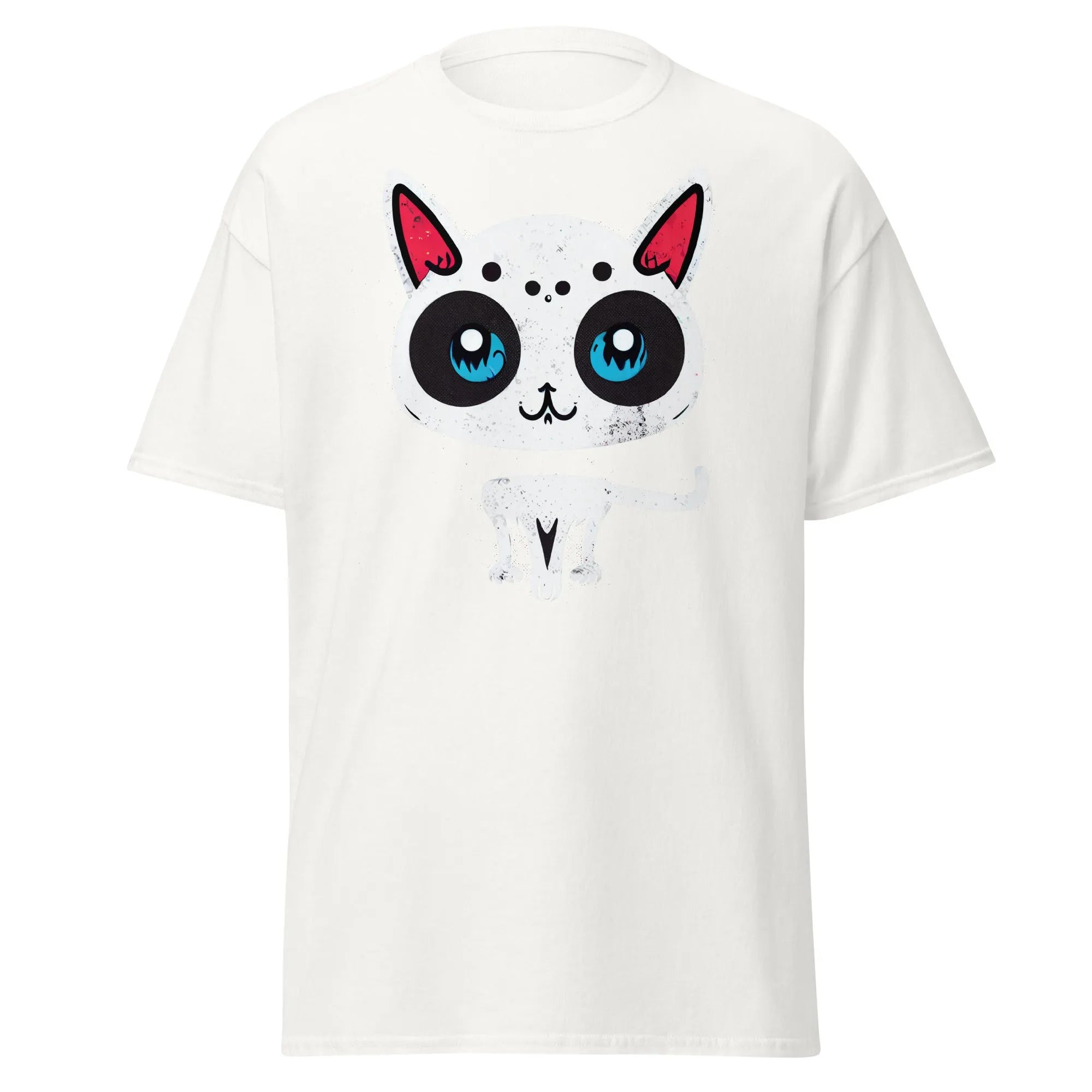 White Cat white Halloween T-shirt featuring a cartoon cat with blue eyes, pink ears, and black spots.