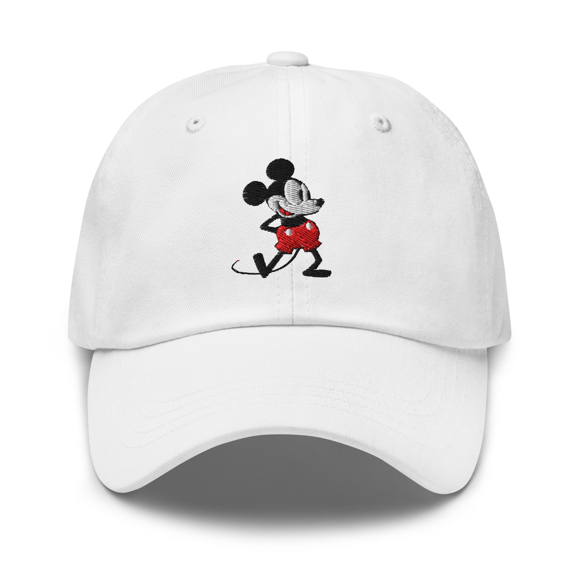 White dad hat with a 1928 Mickey Mouse embroidered cartoon character.