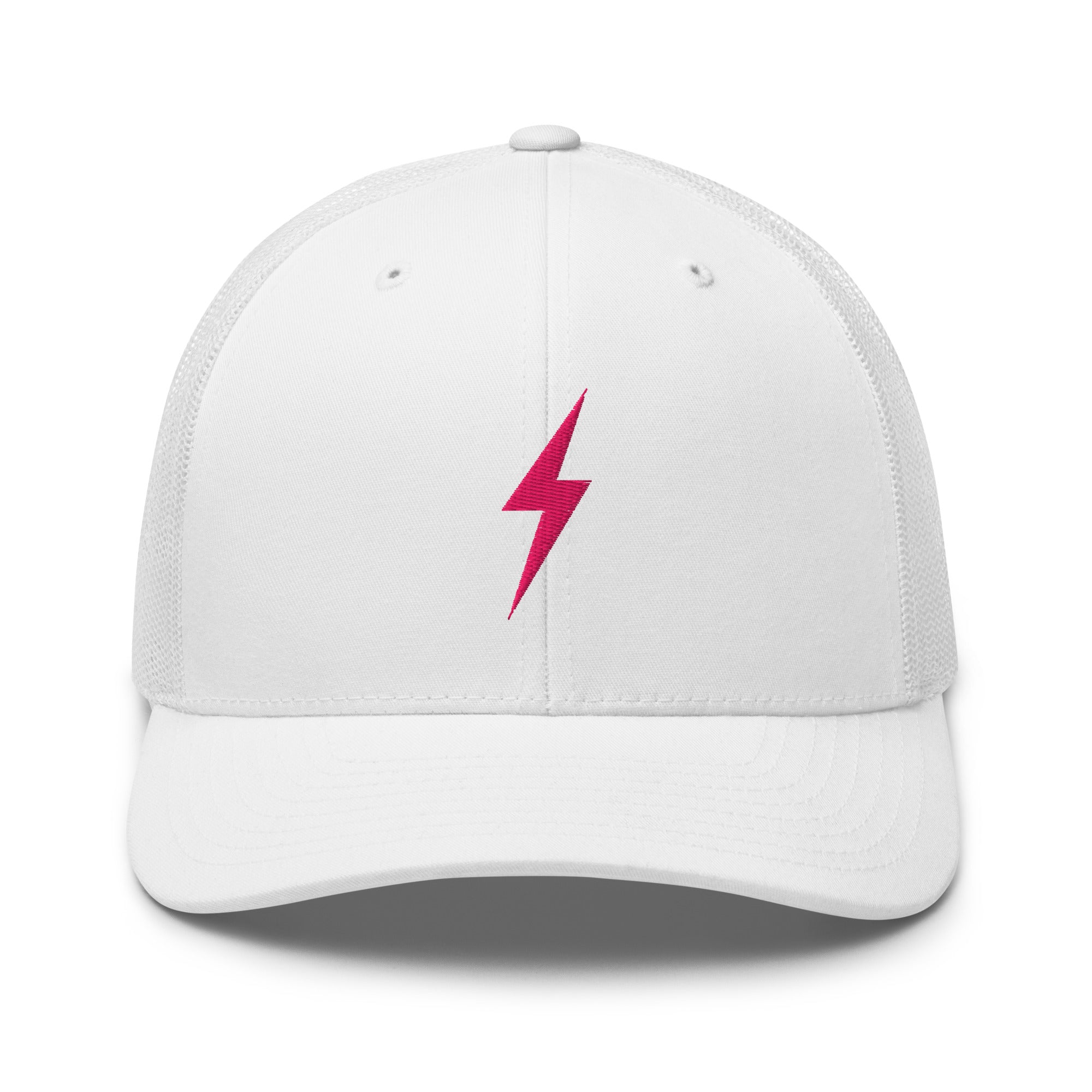 White trucker hat with pink lightning bolt design on front panel