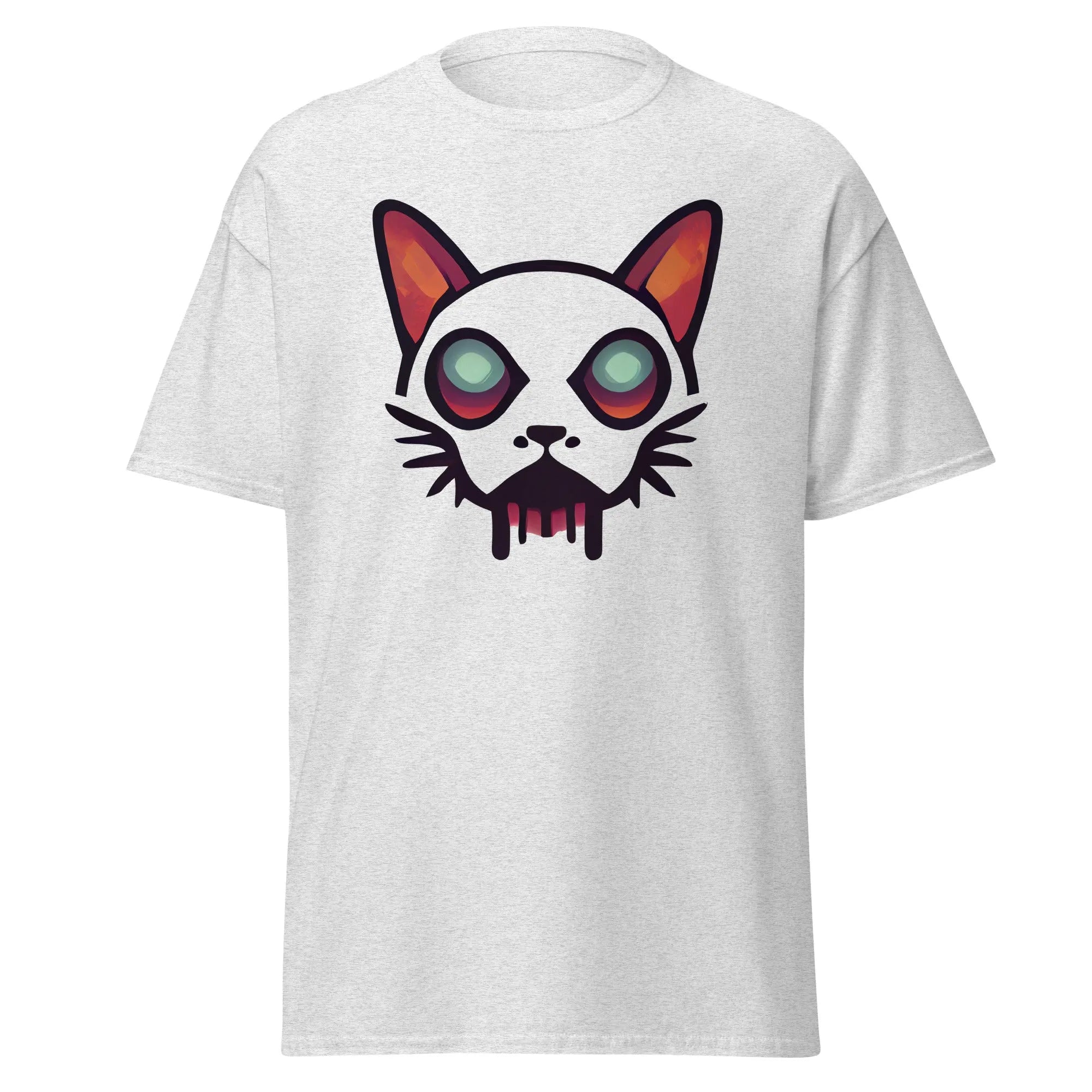 Zombicat ash Halloween T-shirt featuring a boldcat face with big eyes and a dripping effect for an eerie look.