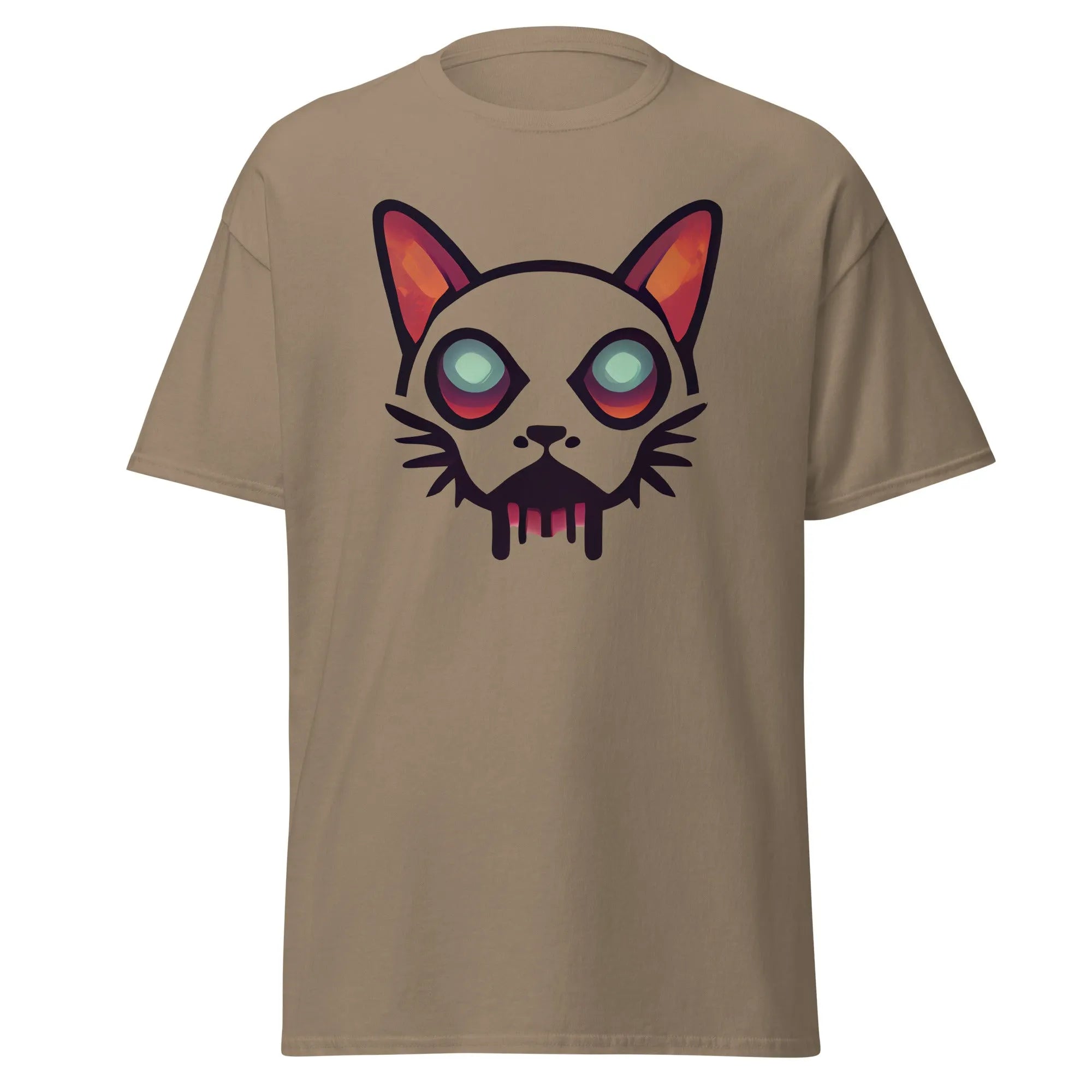 Zombicat brown Halloween T-shirt featuring a boldcat face with big eyes and a dripping effect for an eerie look.