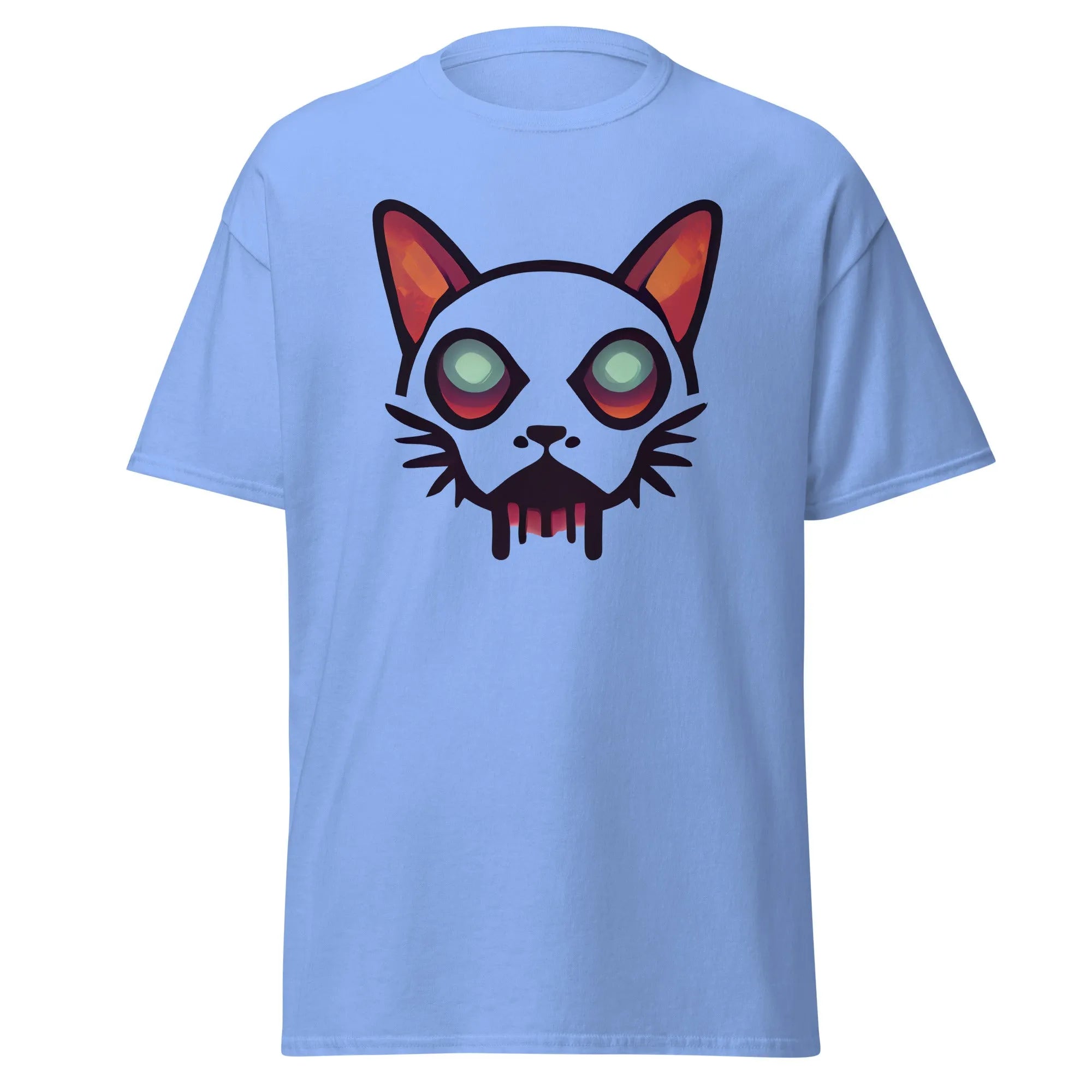 Zombicat carolina blue Halloween T-shirt featuring a boldcat face with big eyes and a dripping effect for an eerie look.