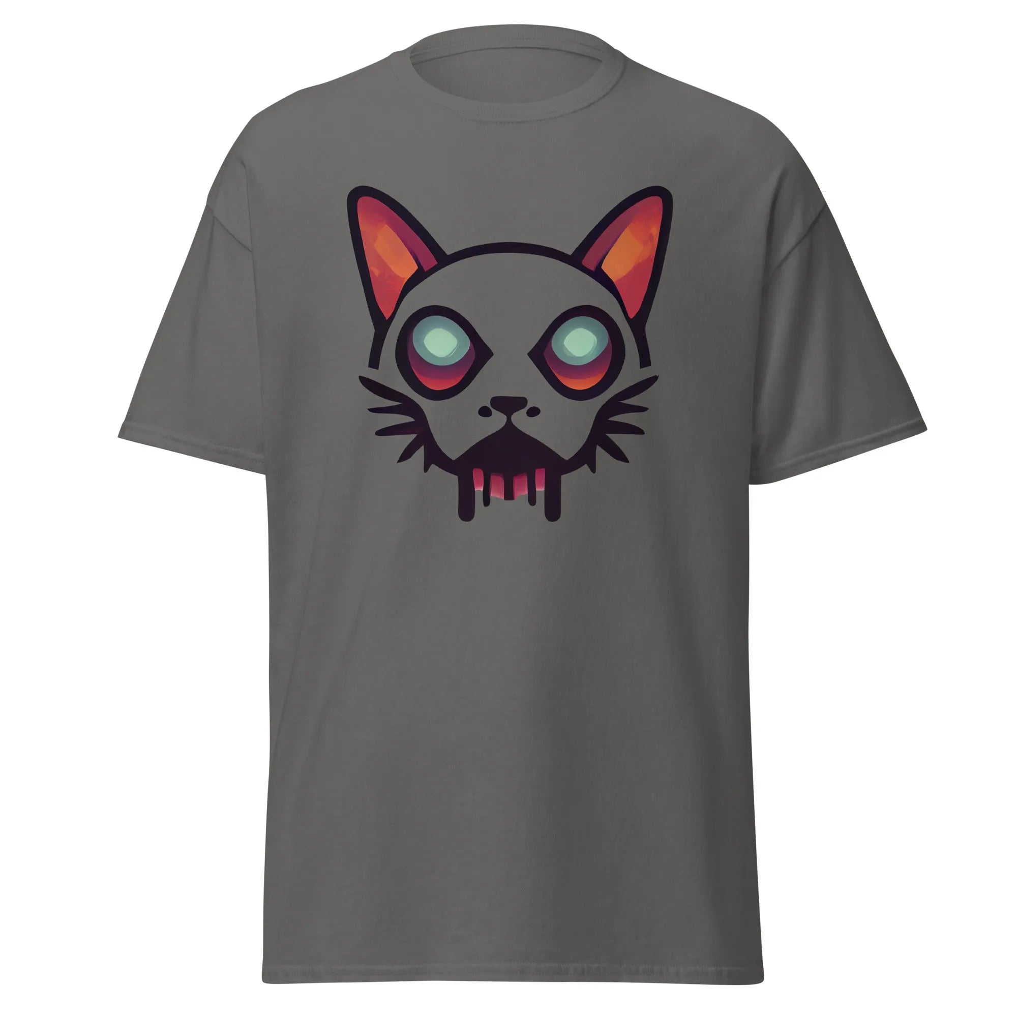 Zombicat charcoal Halloween T-shirt featuring a boldcat face with big eyes and a dripping effect for an eerie look.