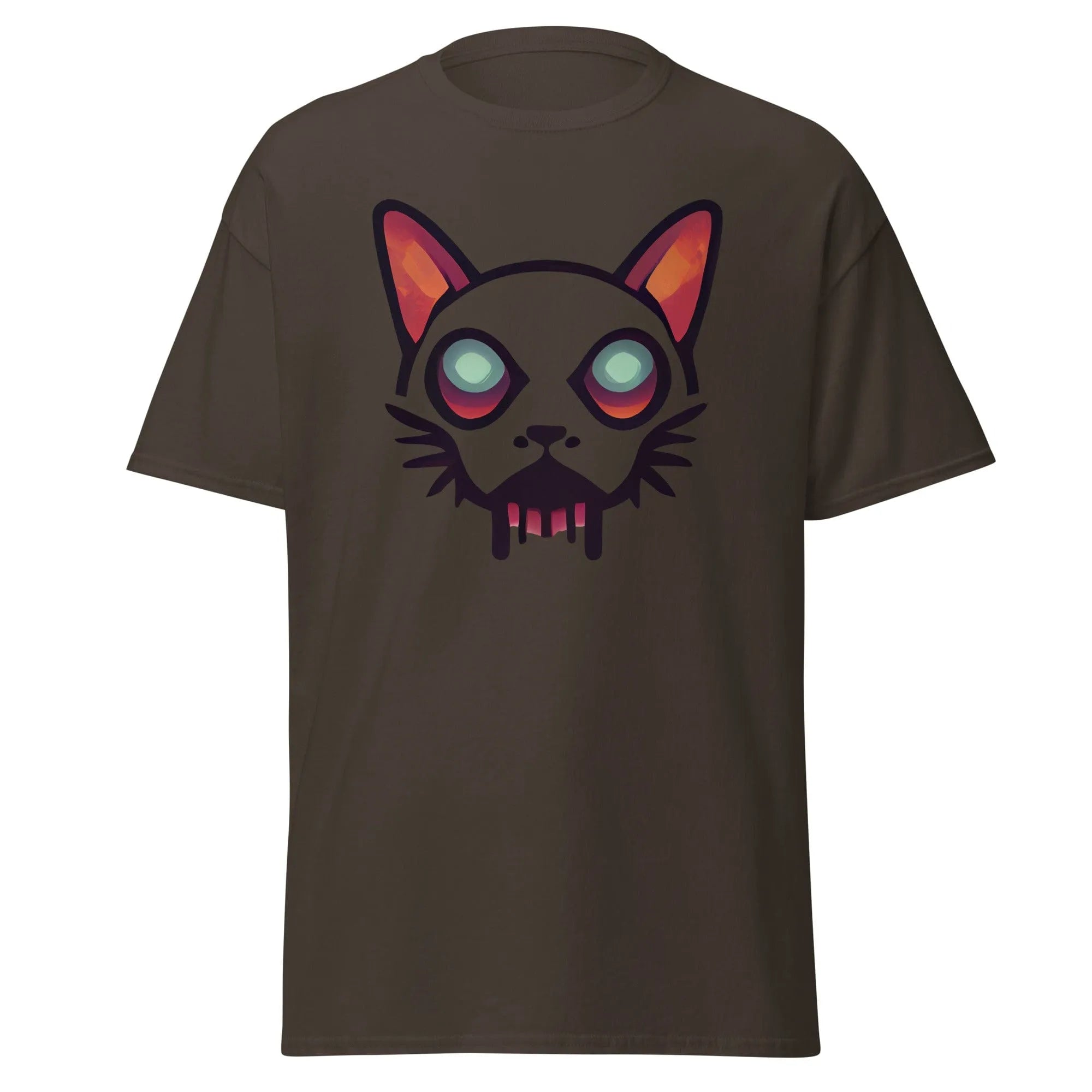 Zombicat chocolate Halloween T-shirt featuring a boldcat face with big eyes and a dripping effect for an eerie look.