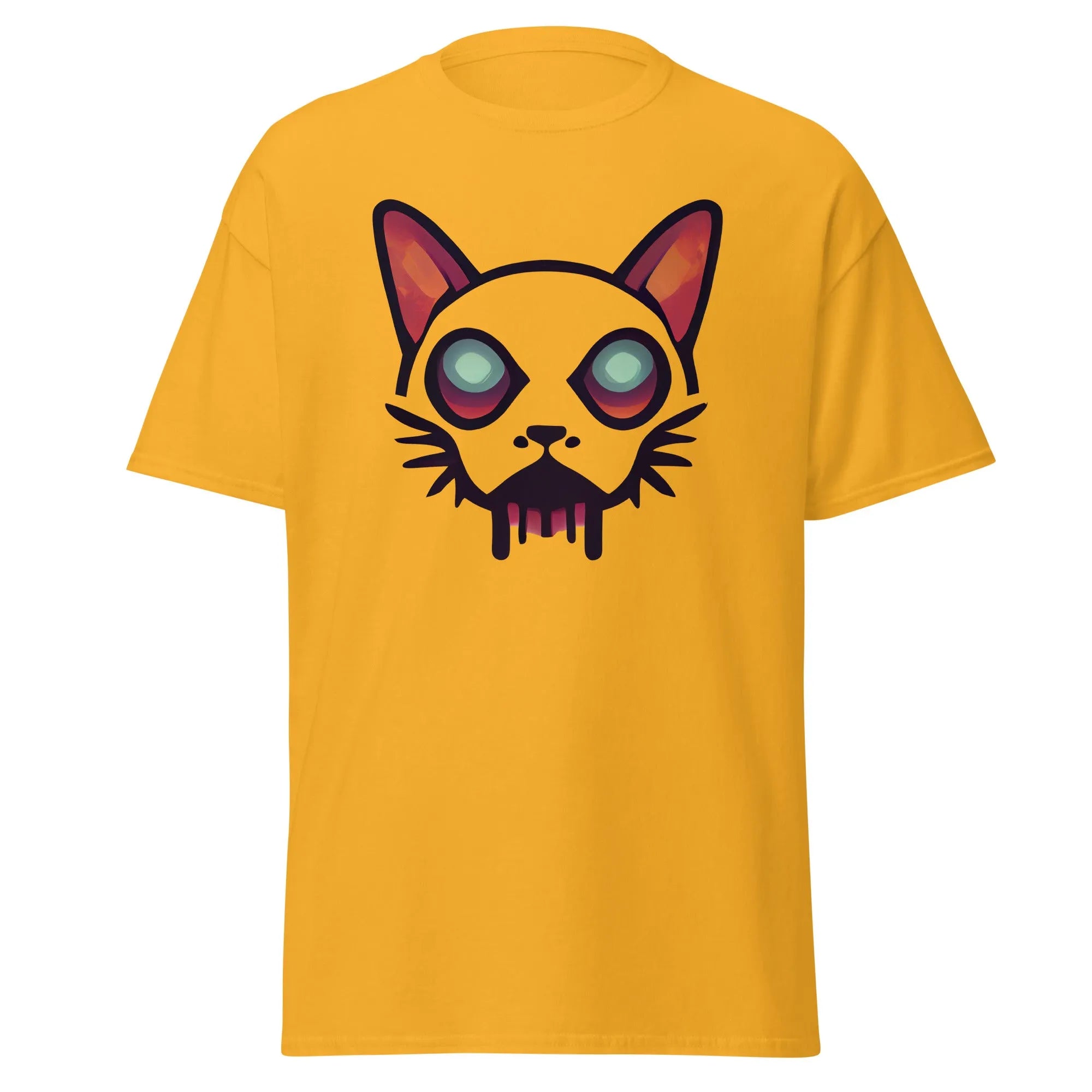 Zombicat gold Halloween T-shirt featuring a boldcat face with big eyes and a dripping effect for an eerie look.