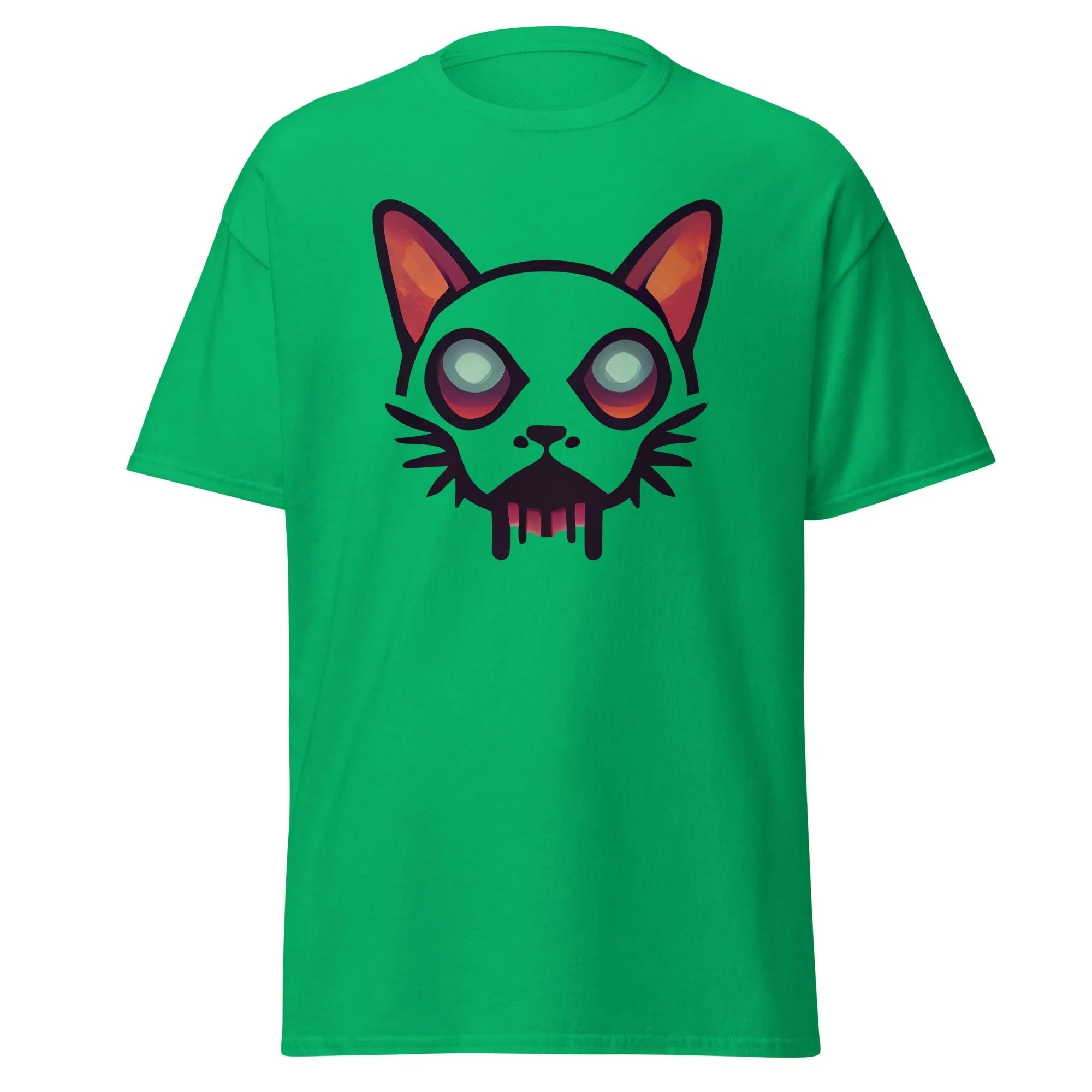 Zombicat green Halloween T-shirt featuring a boldcat face with big eyes and a dripping effect for an eerie look.