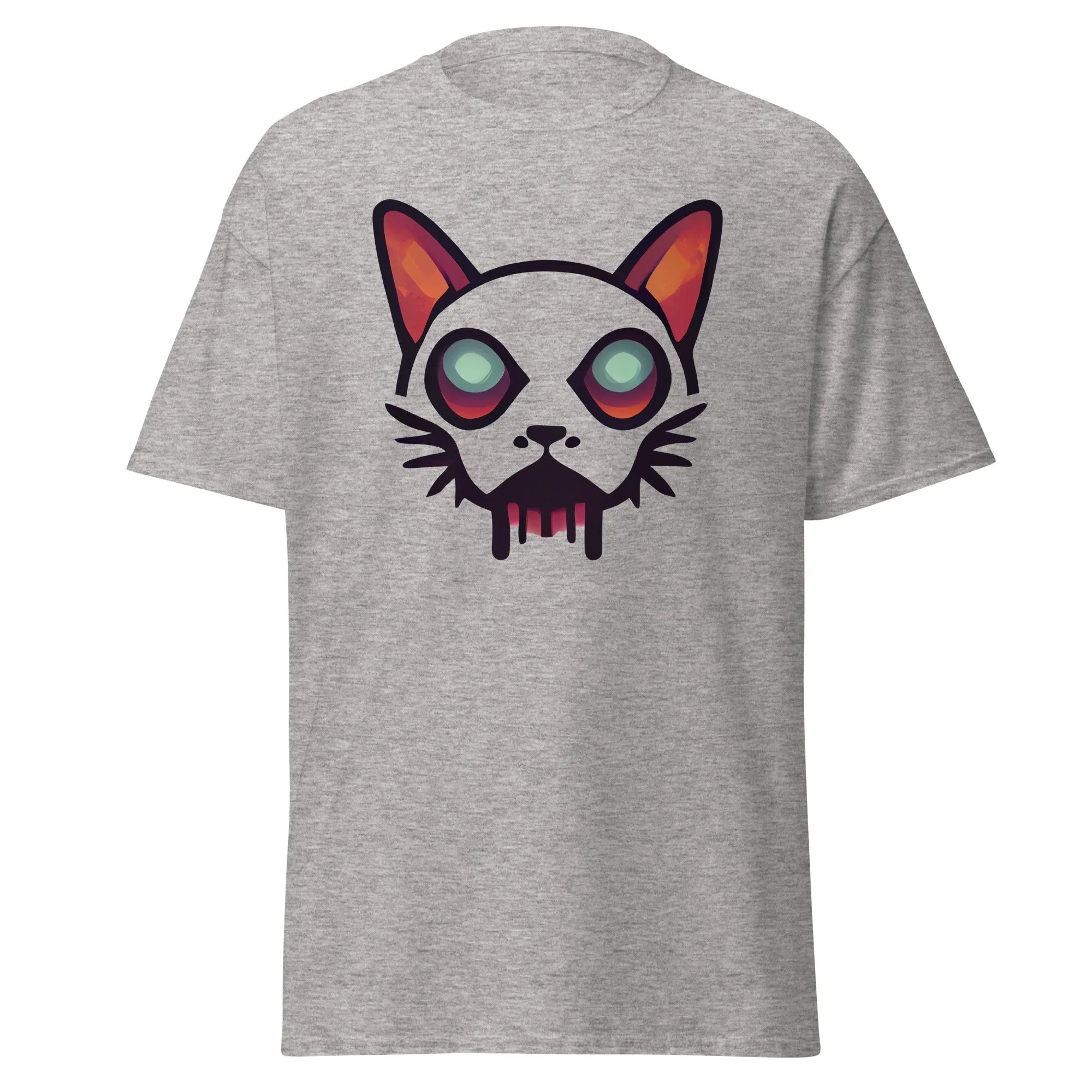 Zombicat grey Halloween T-shirt featuring a boldcat face with big eyes and a dripping effect for an eerie look.