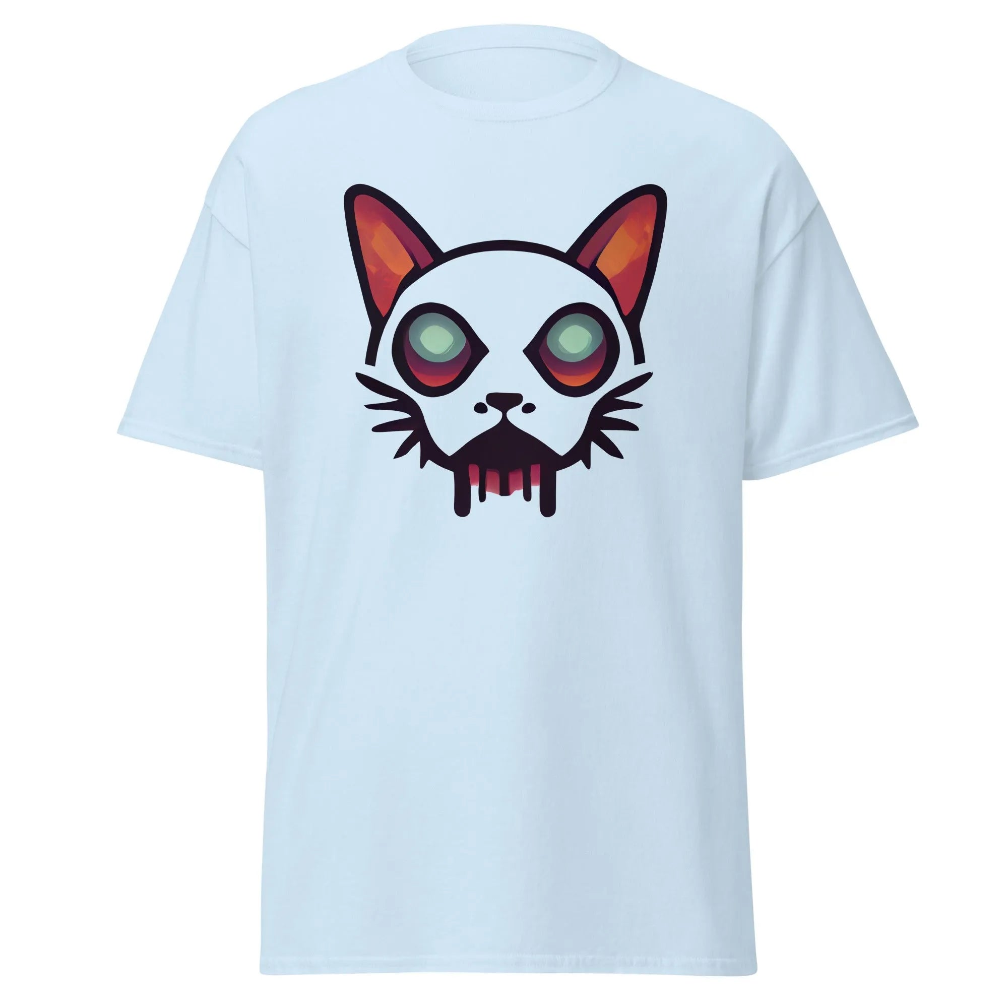 Zombicat light blue Halloween T-shirt featuring a boldcat face with big eyes and a dripping effect for an eerie look.