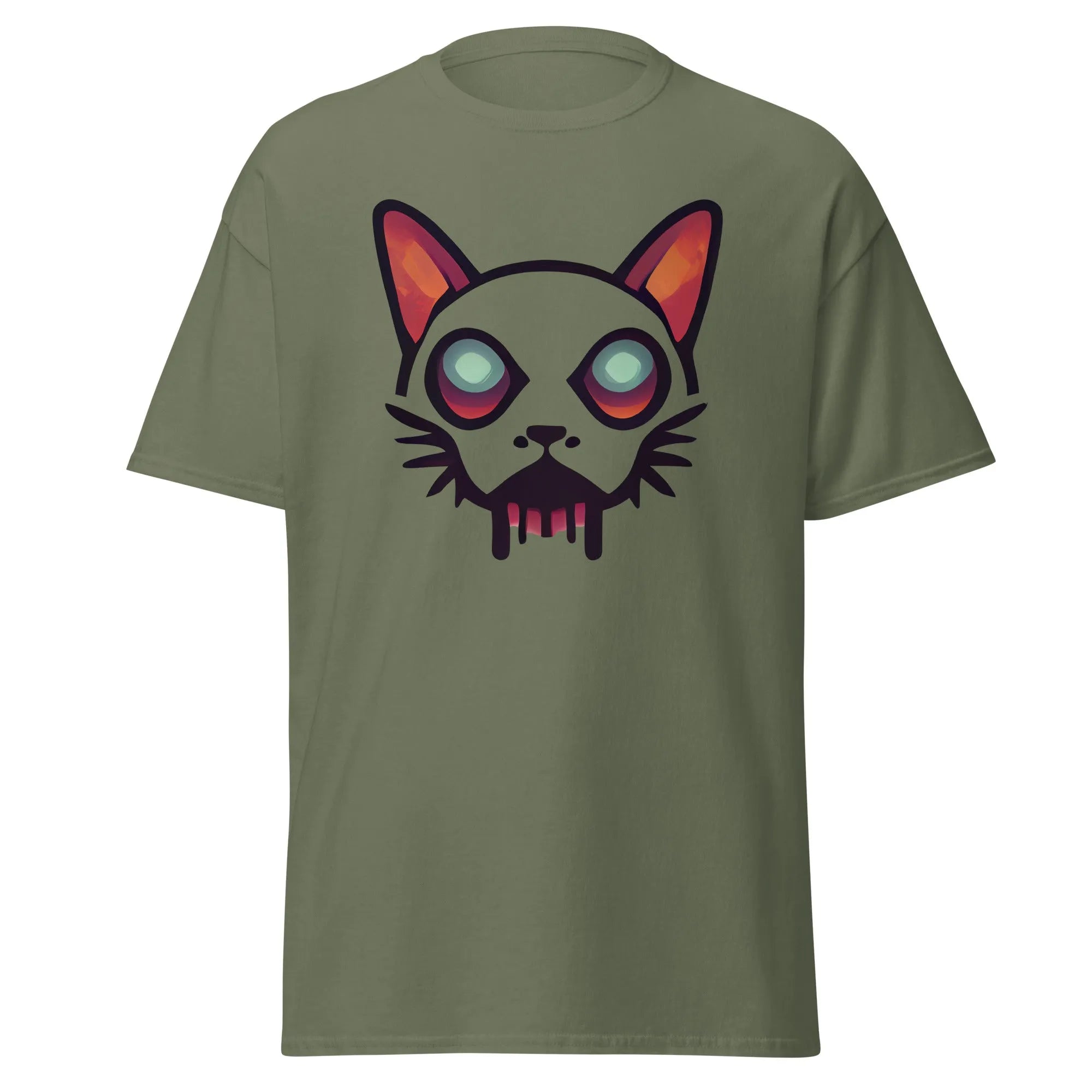 Zombicat military green Halloween T-shirt featuring a boldcat face with big eyes and a dripping effect for an eerie look.