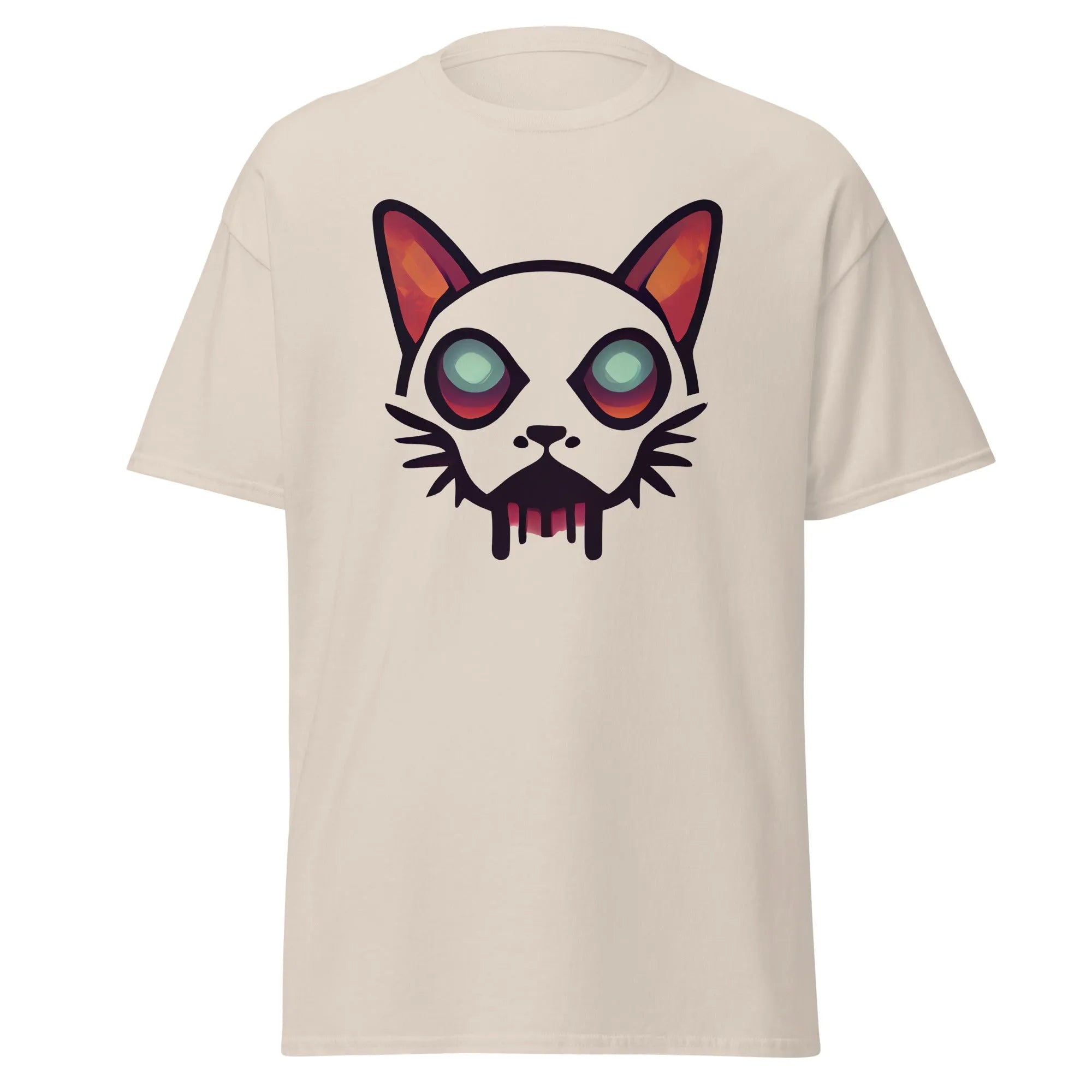 Zombicat natural Halloween T-shirt featuring a boldcat face with big eyes and a dripping effect for an eerie look.