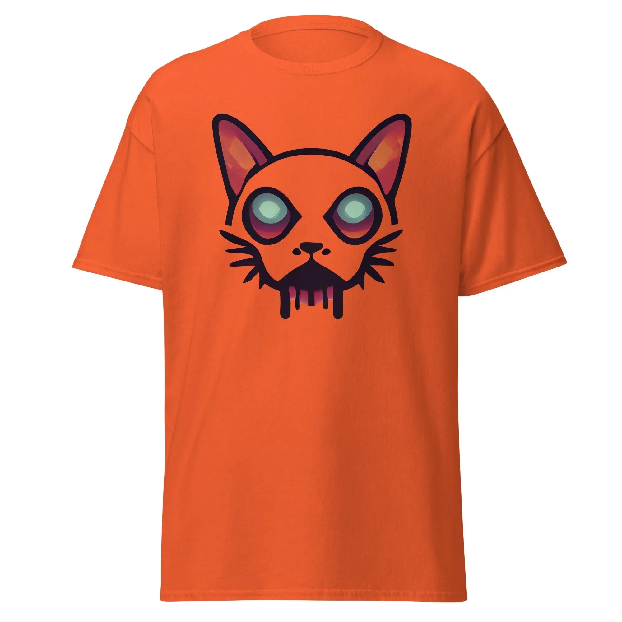 Zombicat orange Halloween T-shirt featuring a boldcat face with big eyes and a dripping effect for an eerie look.