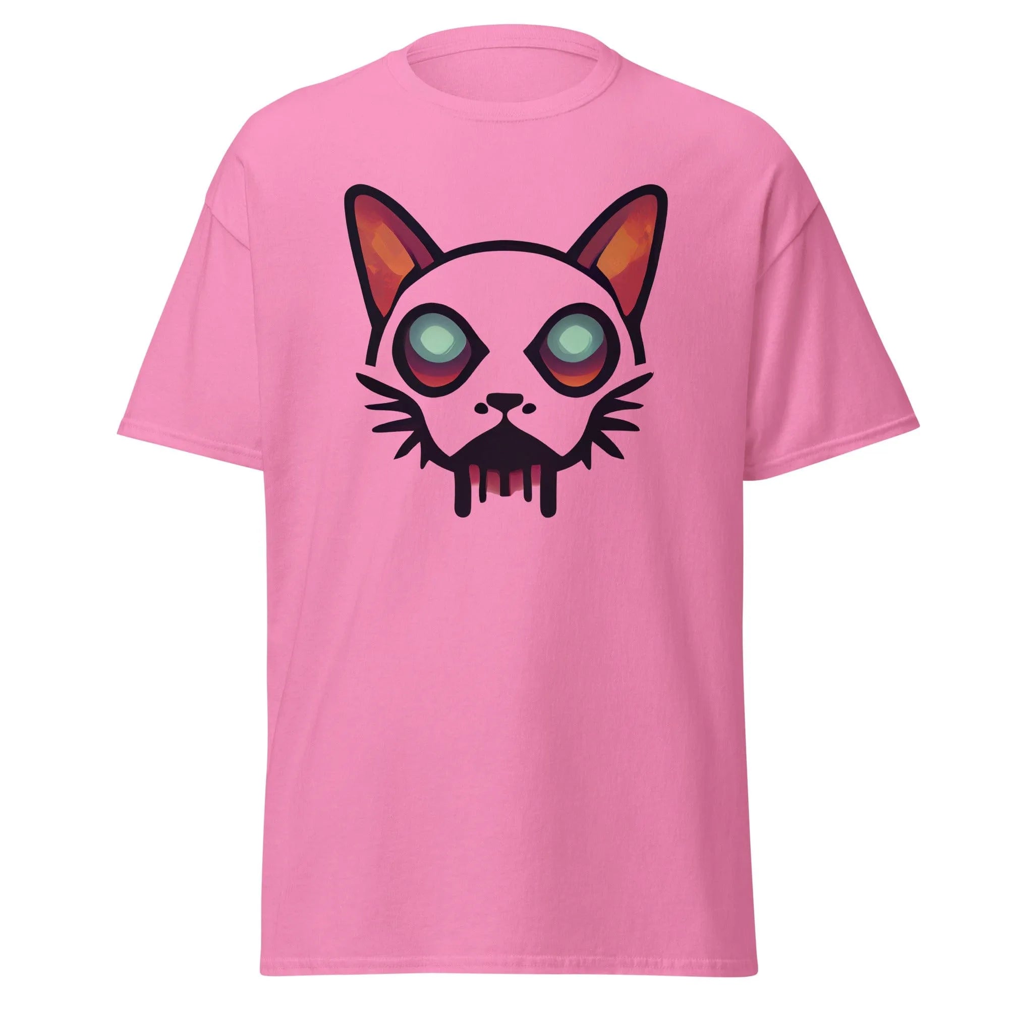 Zombicat pink Halloween T-shirt featuring a boldcat face with big eyes and a dripping effect for an eerie look.