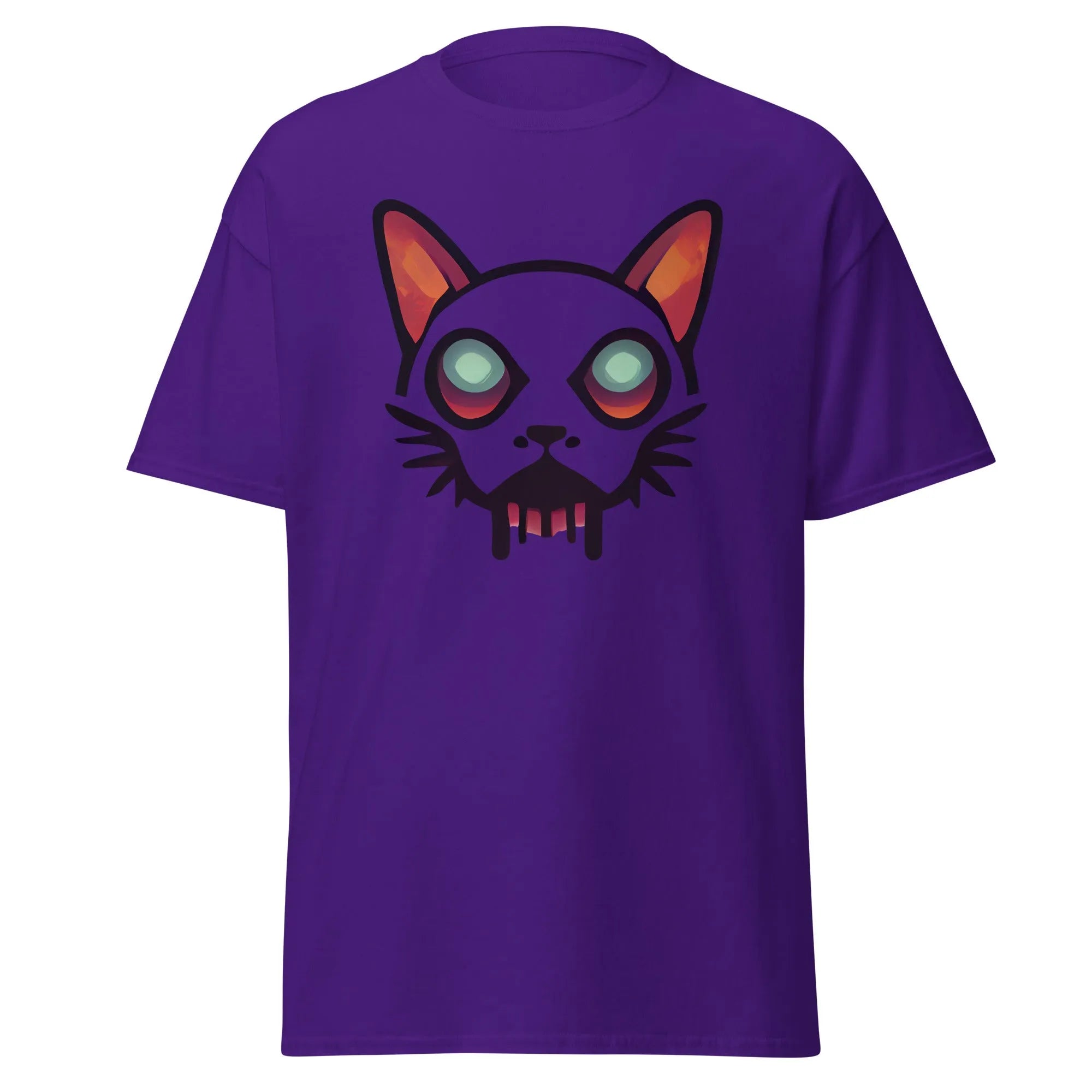 Zombicat purple Halloween T-shirt featuring a boldcat face with big eyes and a dripping effect for an eerie look.