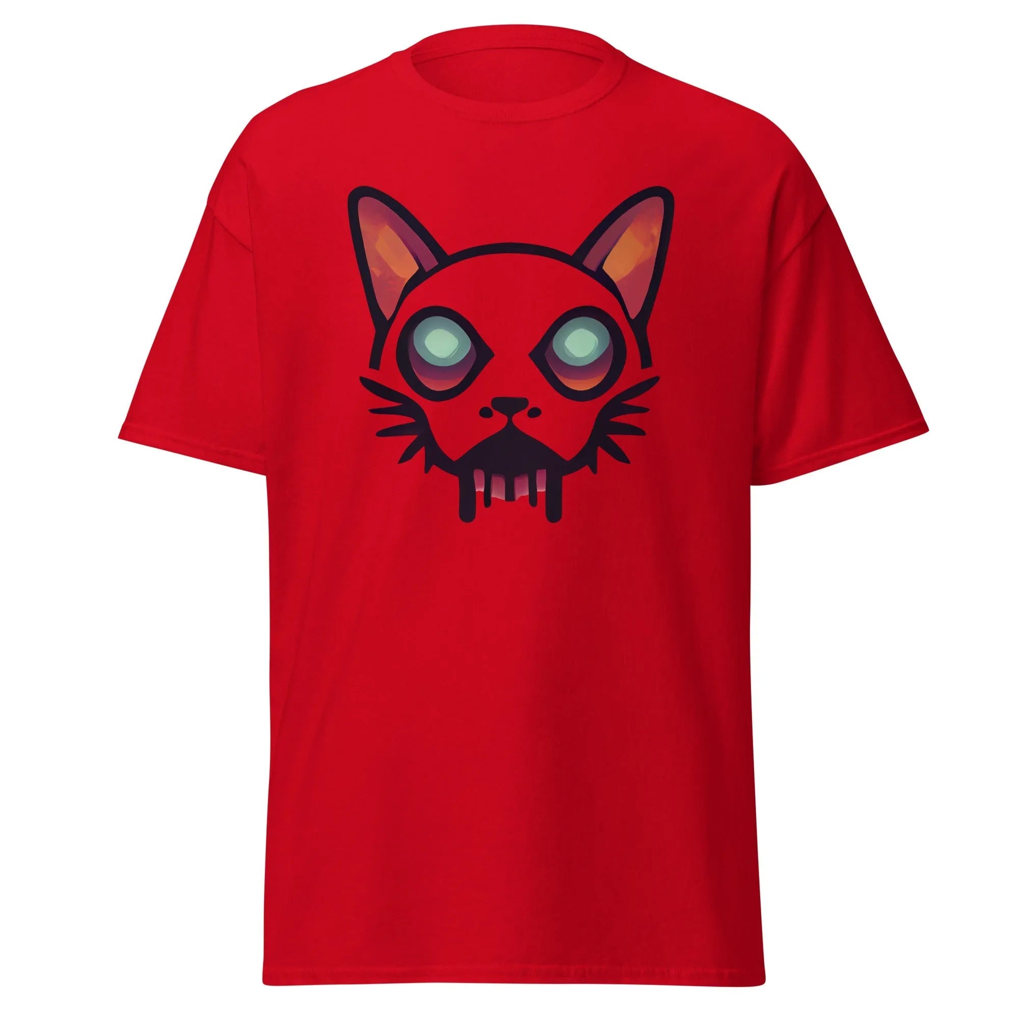 Zombicat red Halloween T-shirt featuring a boldcat face with big eyes and a dripping effect for an eerie look.